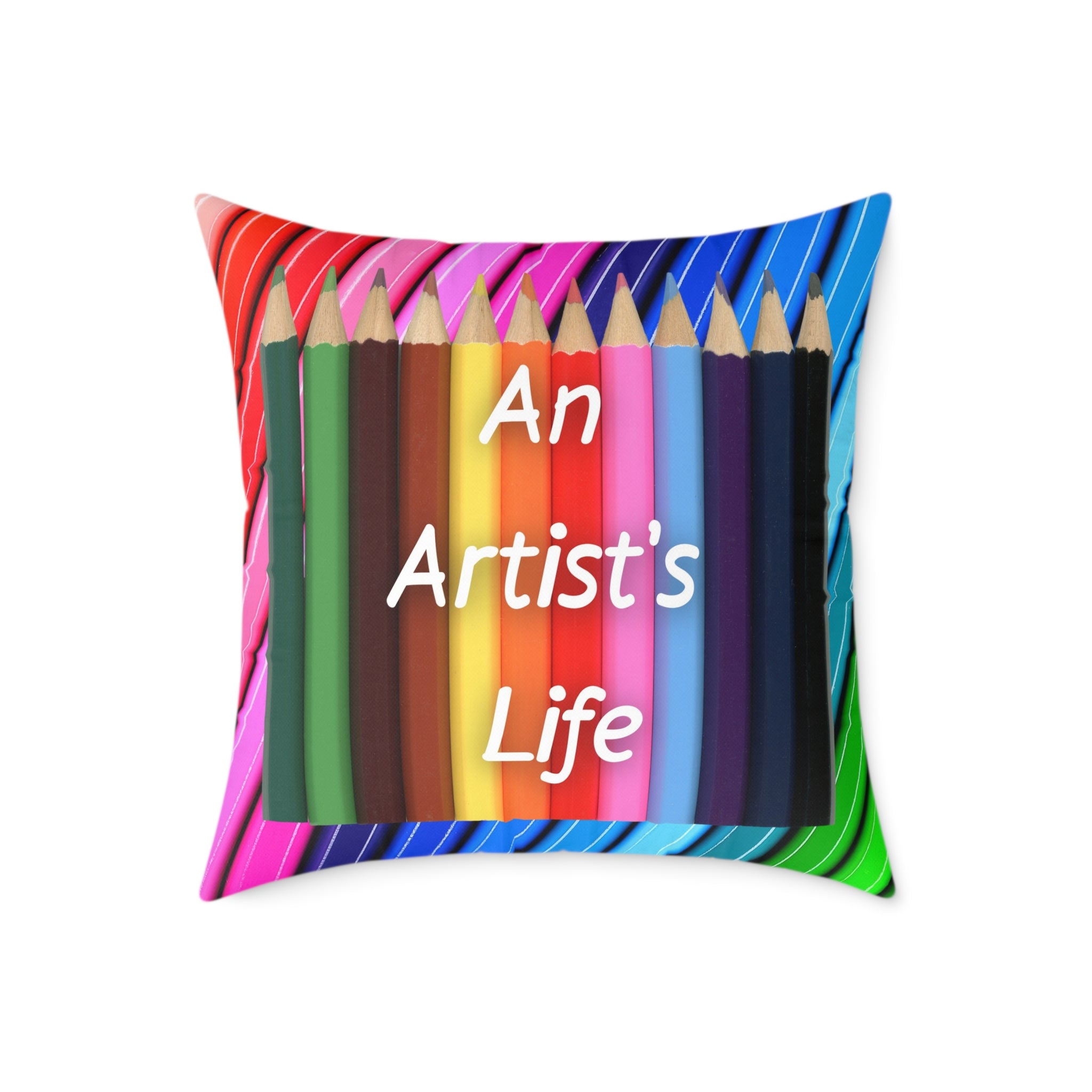 Artistic Square Throw Pillow - 'An Artist's Life' Colored Pencils / Abstract Paint Splash Decor