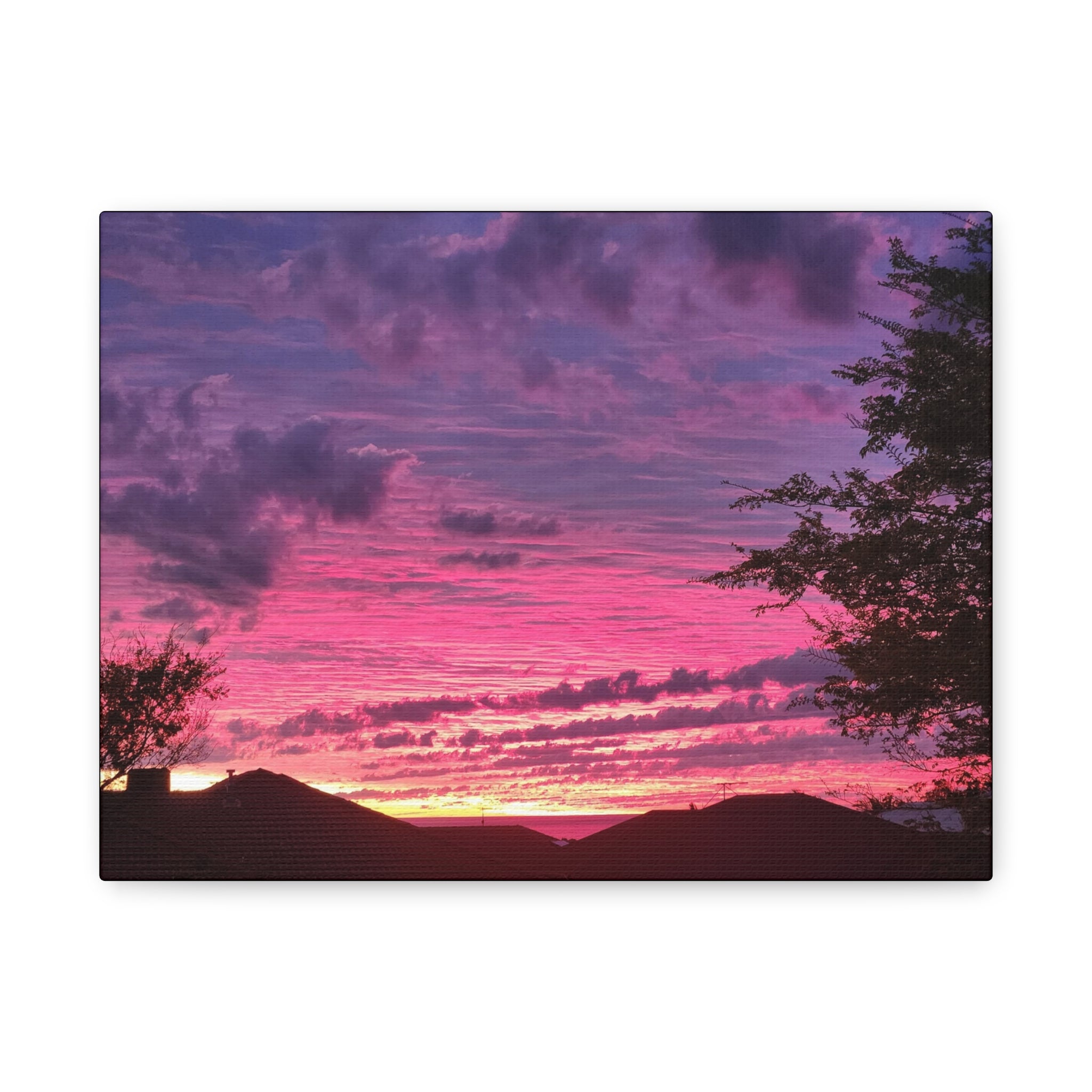 " Beyond the Rooftops" - Sunset Skyline Canvas Print — Pink & Purple Evening Wall Art (Matte Stretched 1.25")
