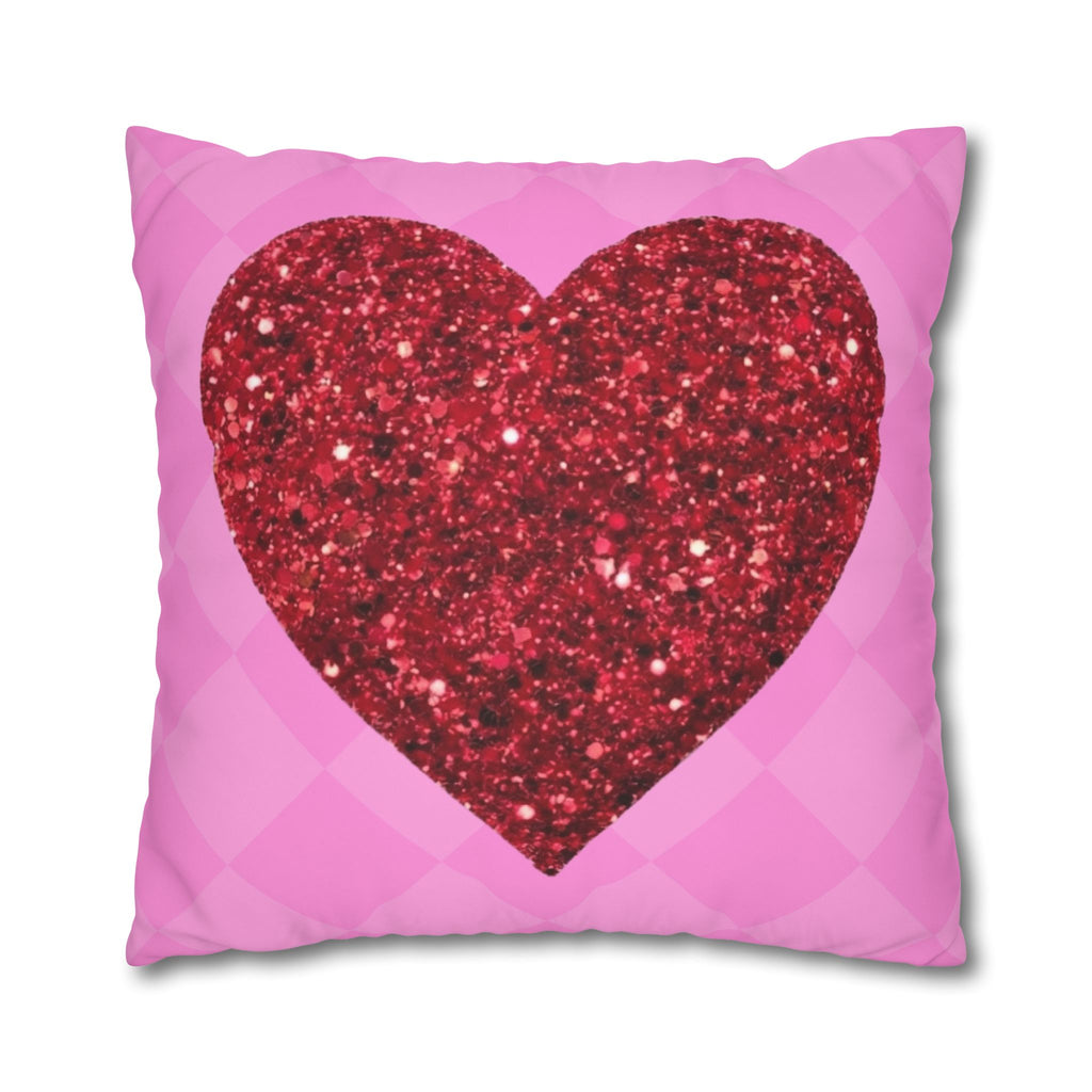Valentine Glitter Heart Pillowcase — Pink Square Decorative Throw Pillow Cover