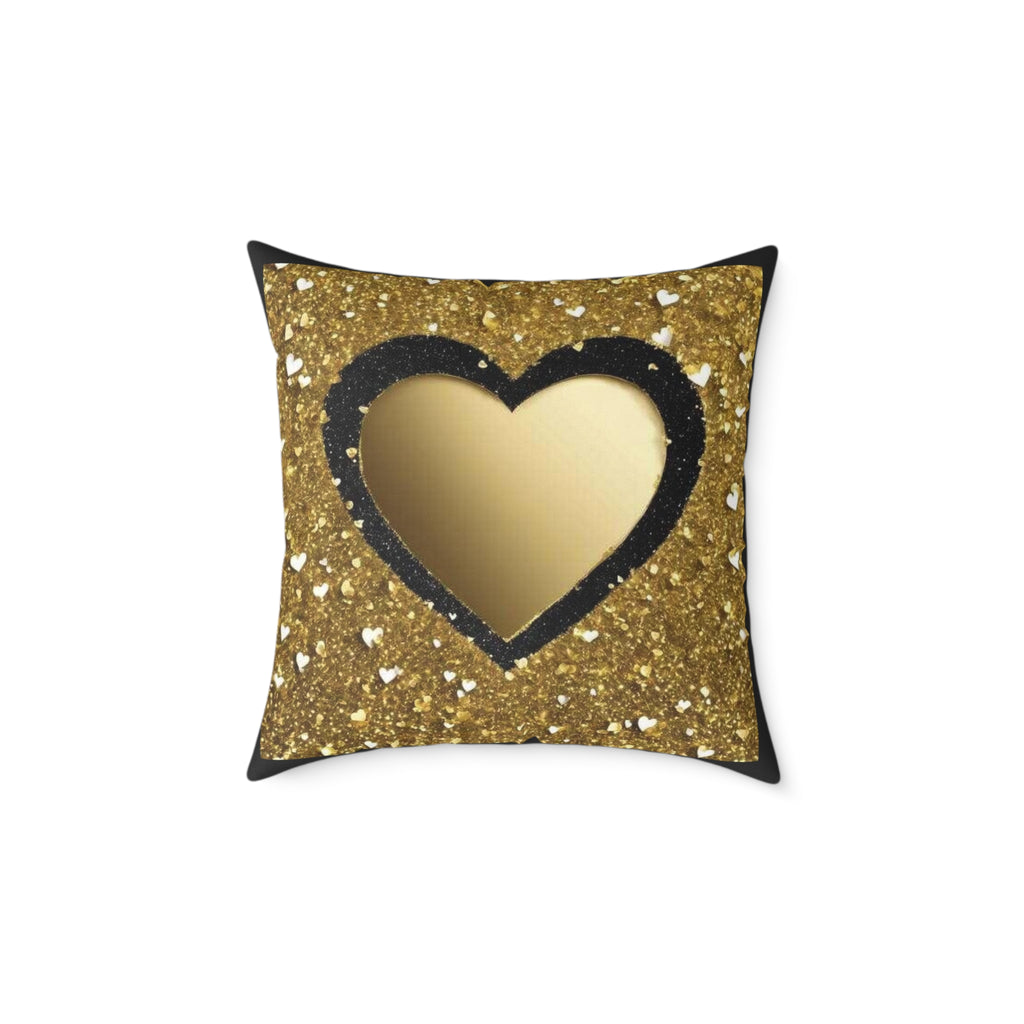 Gold Glitter Heart Pillow — Decorative Square Accent Cushion