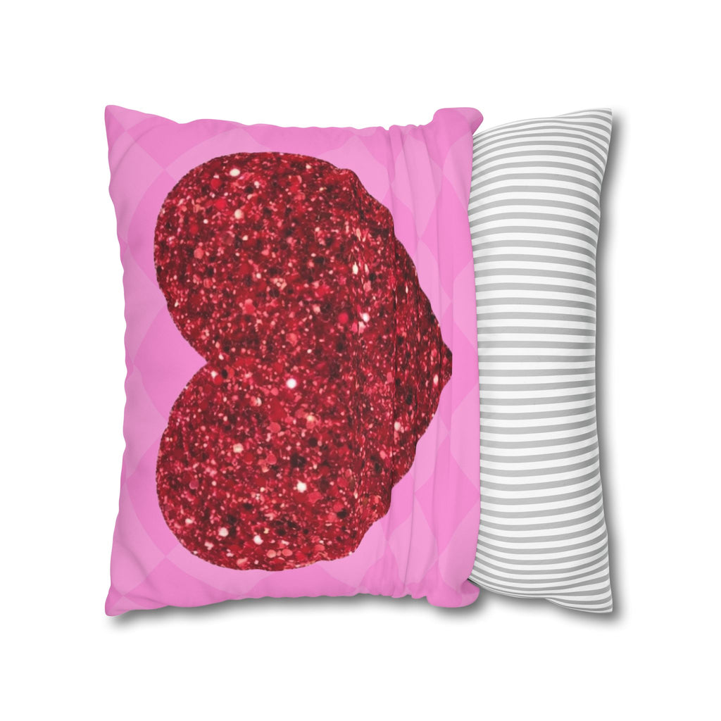 Valentine Glitter Heart Pillowcase — Pink Square Decorative Throw Pillow Cover