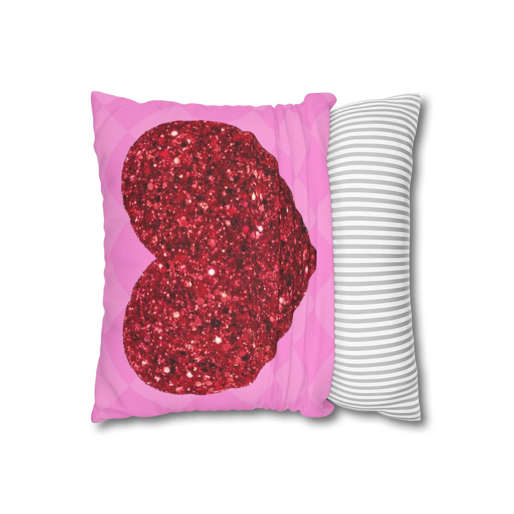 Valentine Glitter Heart Pillowcase — Pink Square Decorative Throw Pillow Cover