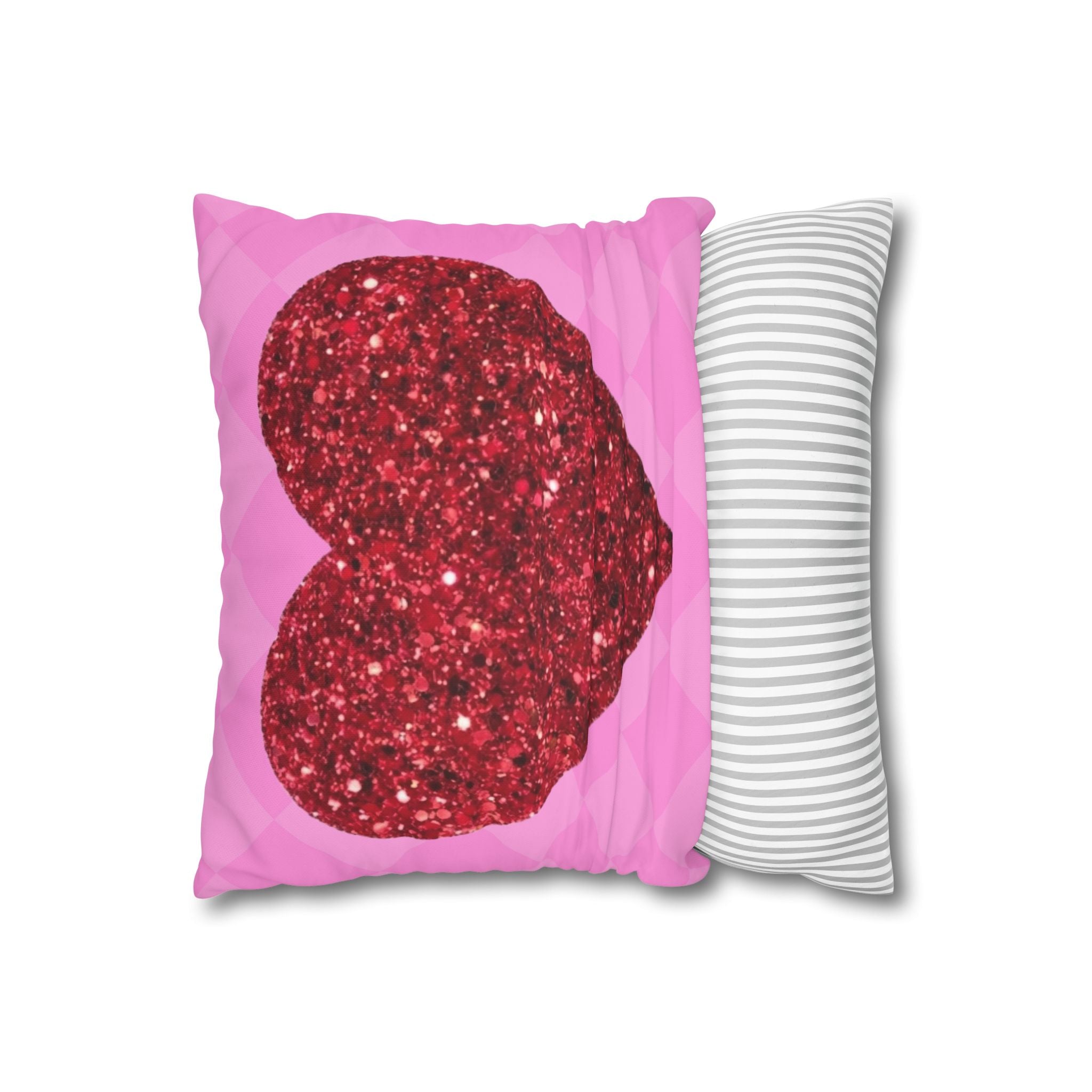 Valentine Glitter Heart Pillowcase — Pink Square Decorative Throw Pillow Cover