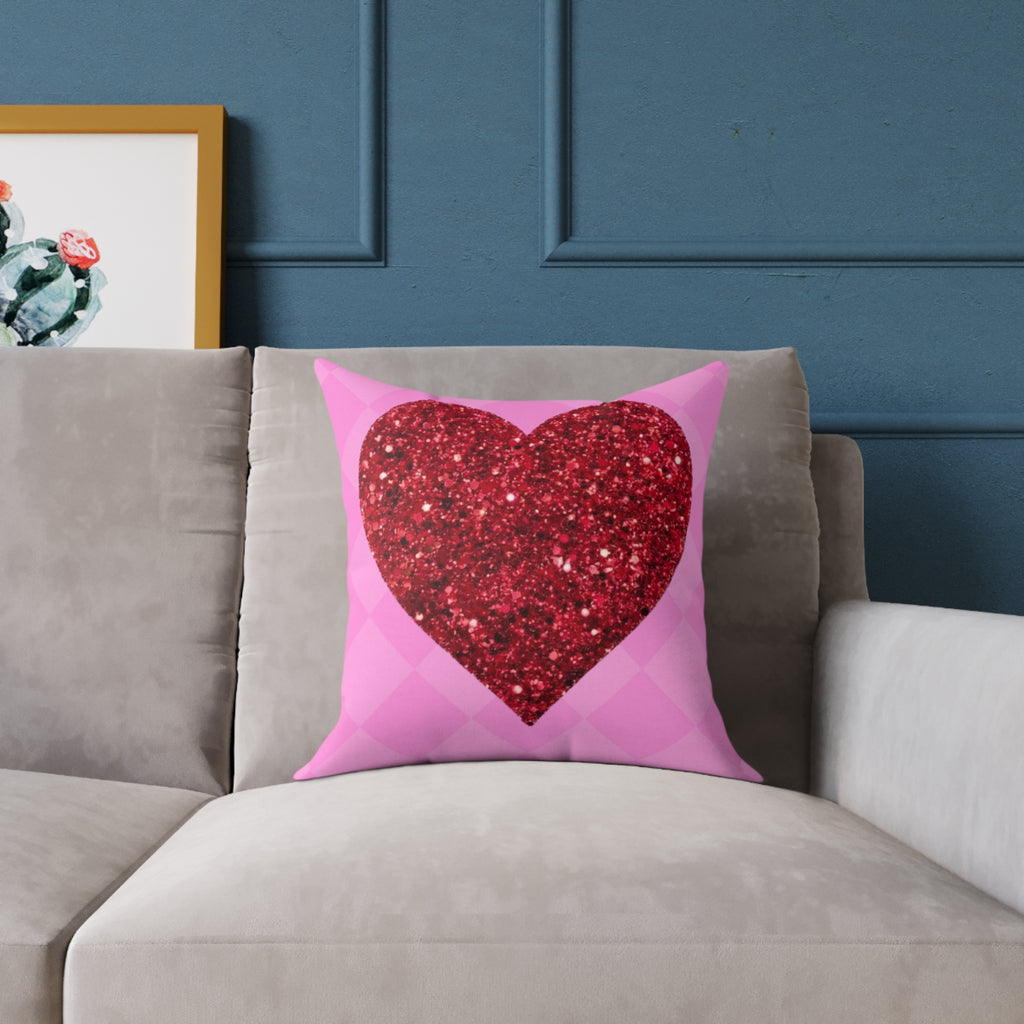 Valentine Glitter Heart Pillow - Pink Square Decorative Throw Cushion