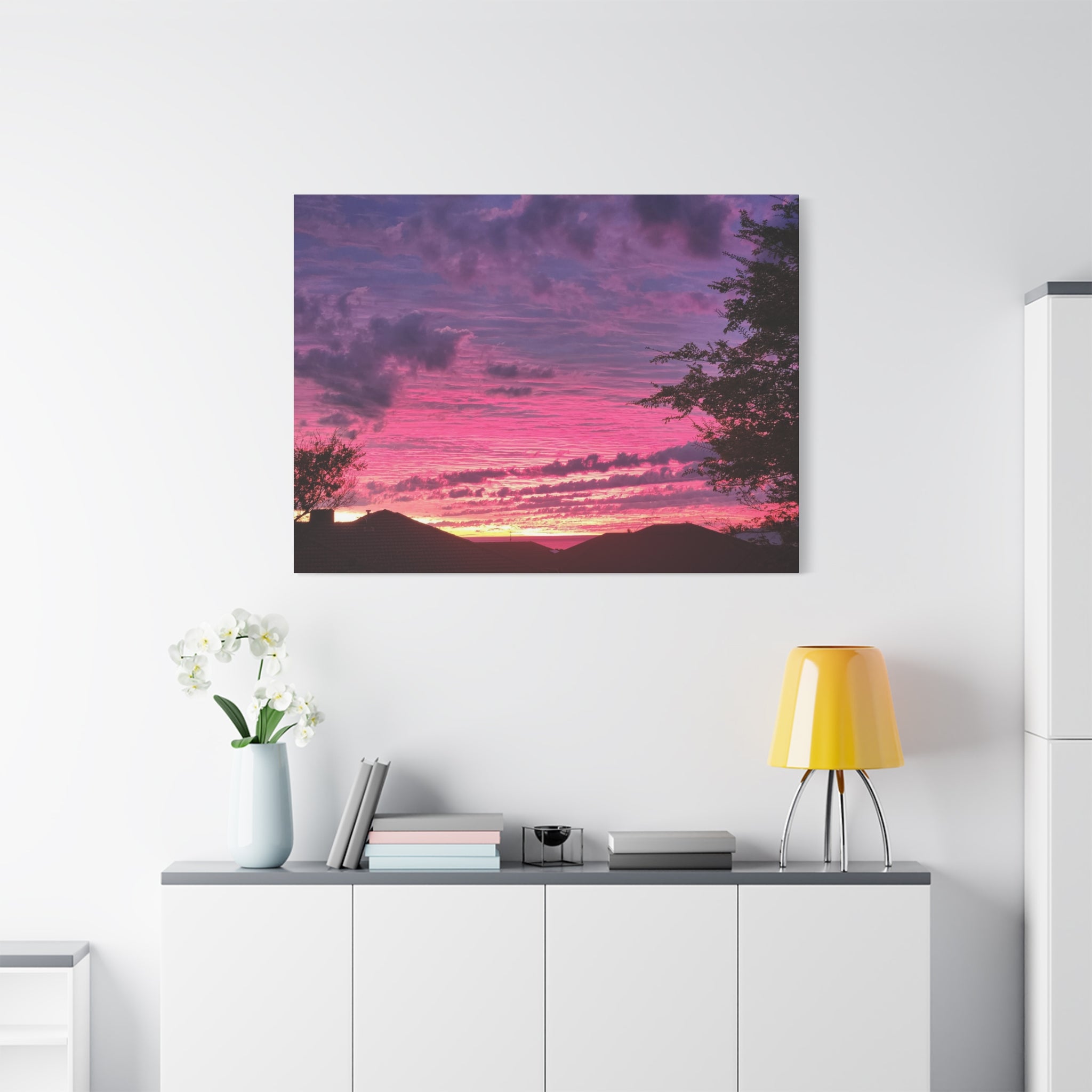 " Beyond the Rooftops" - Sunset Skyline Canvas Print — Pink & Purple Evening Wall Art (Matte Stretched 1.25")