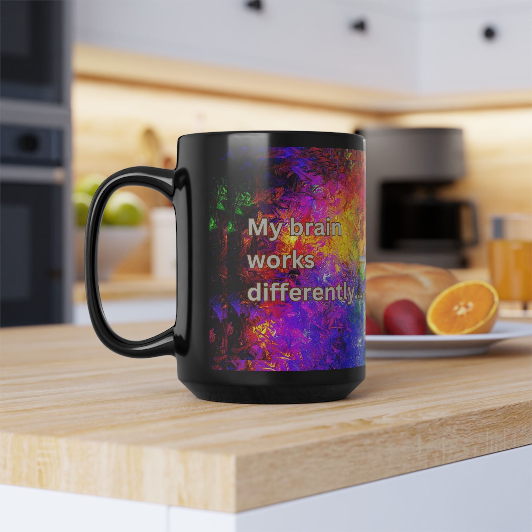 ADHD Mug - "My Brain Works Differently... That's My Superpower!" Black Coffee Mug — Colorful Abstract Brain Design (11oz/15oz)