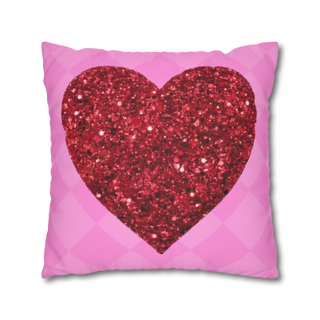 Valentine Glitter Heart Pillowcase — Pink Square Decorative Throw Pillow Cover