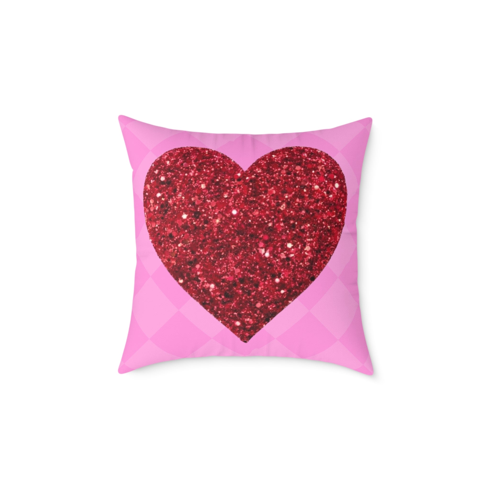 Valentine Glitter Heart Pillow - Pink Square Decorative Throw Cushion