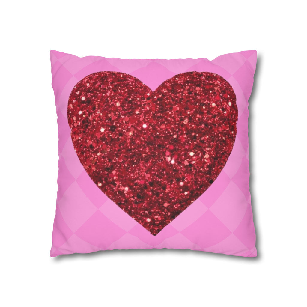 Valentine Glitter Heart Pillowcase — Pink Square Decorative Throw Pillow Cover