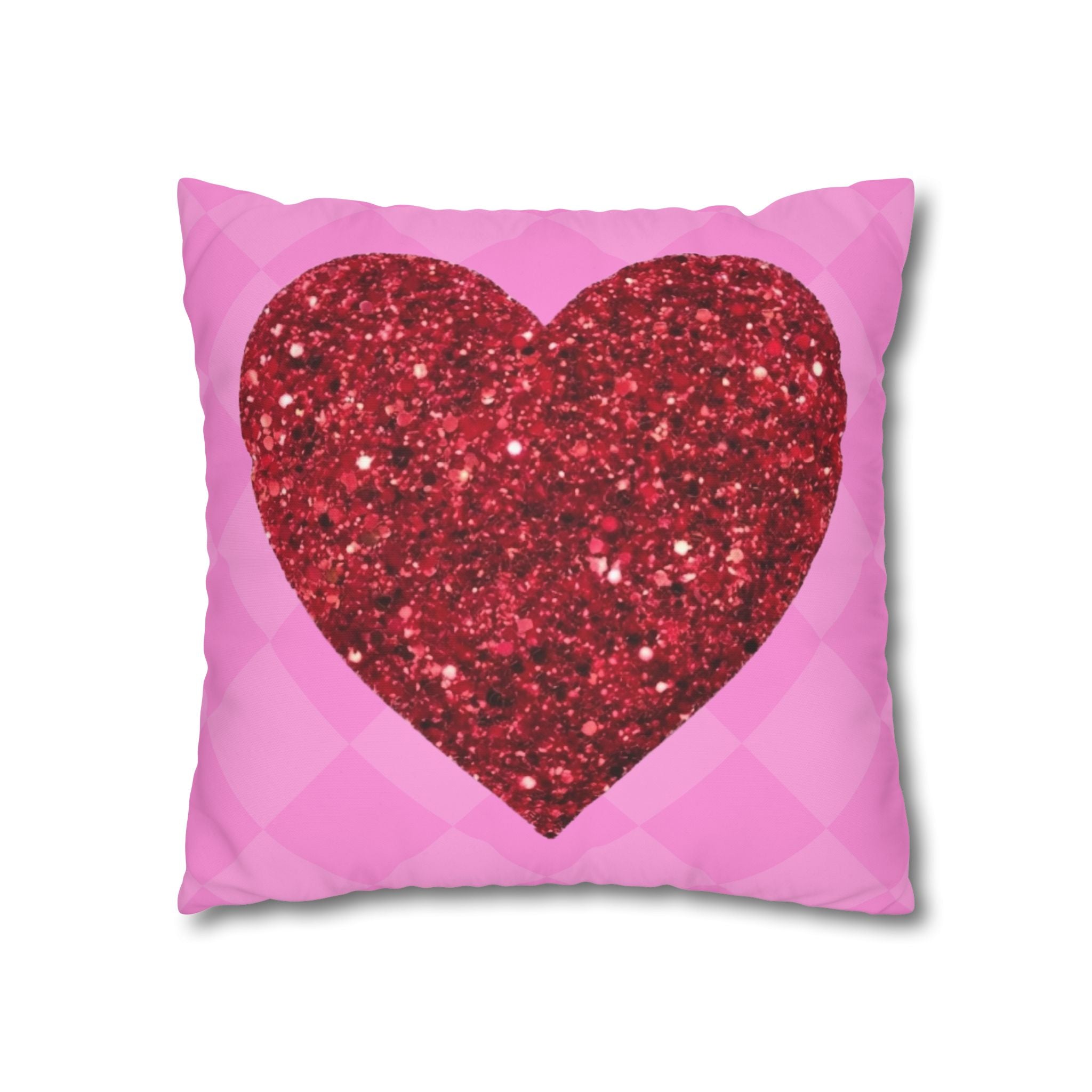 Valentine Glitter Heart Pillowcase — Pink Square Decorative Throw Pillow Cover