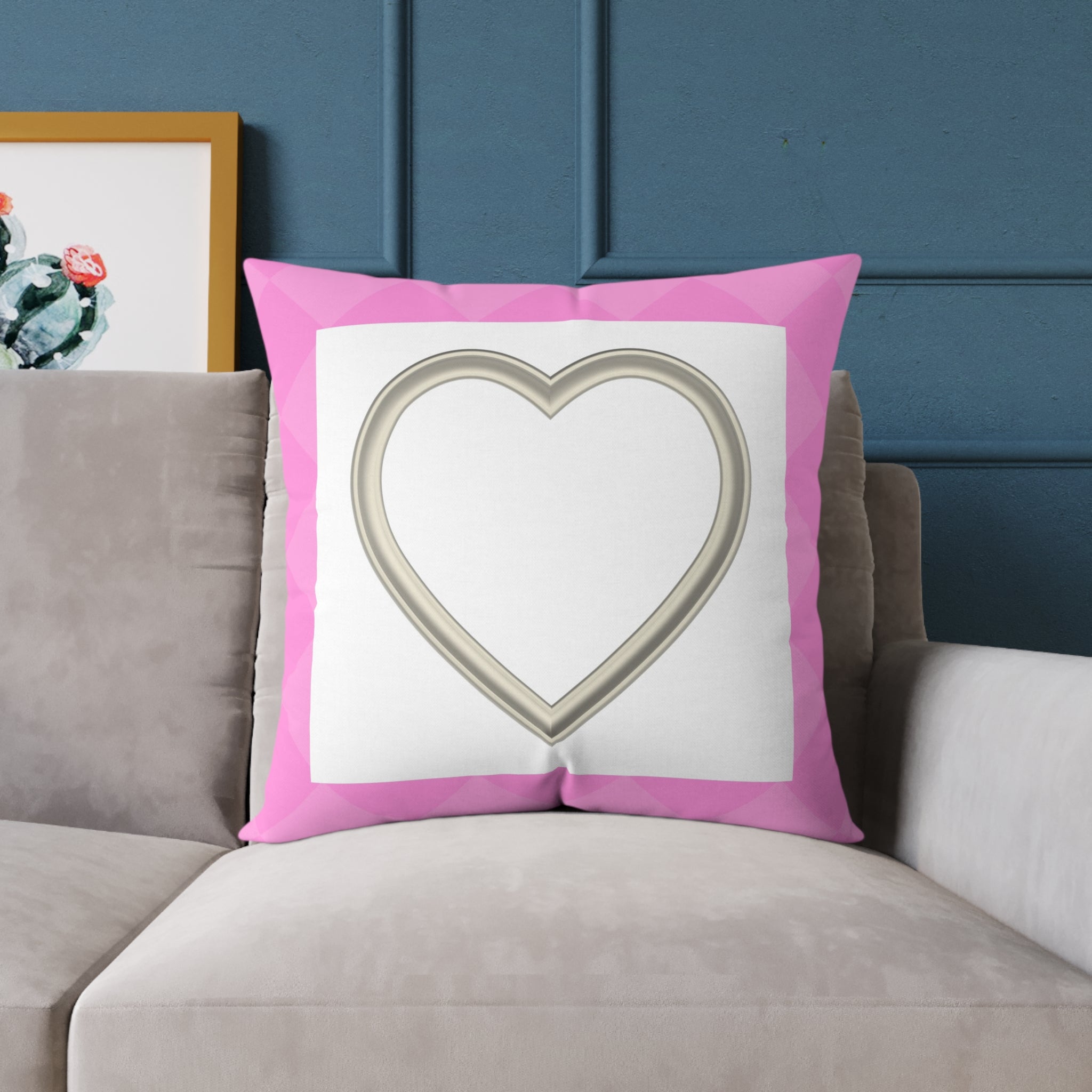 Heart Frame Square Pillow — Pink Accent Decorative Throw Pillow