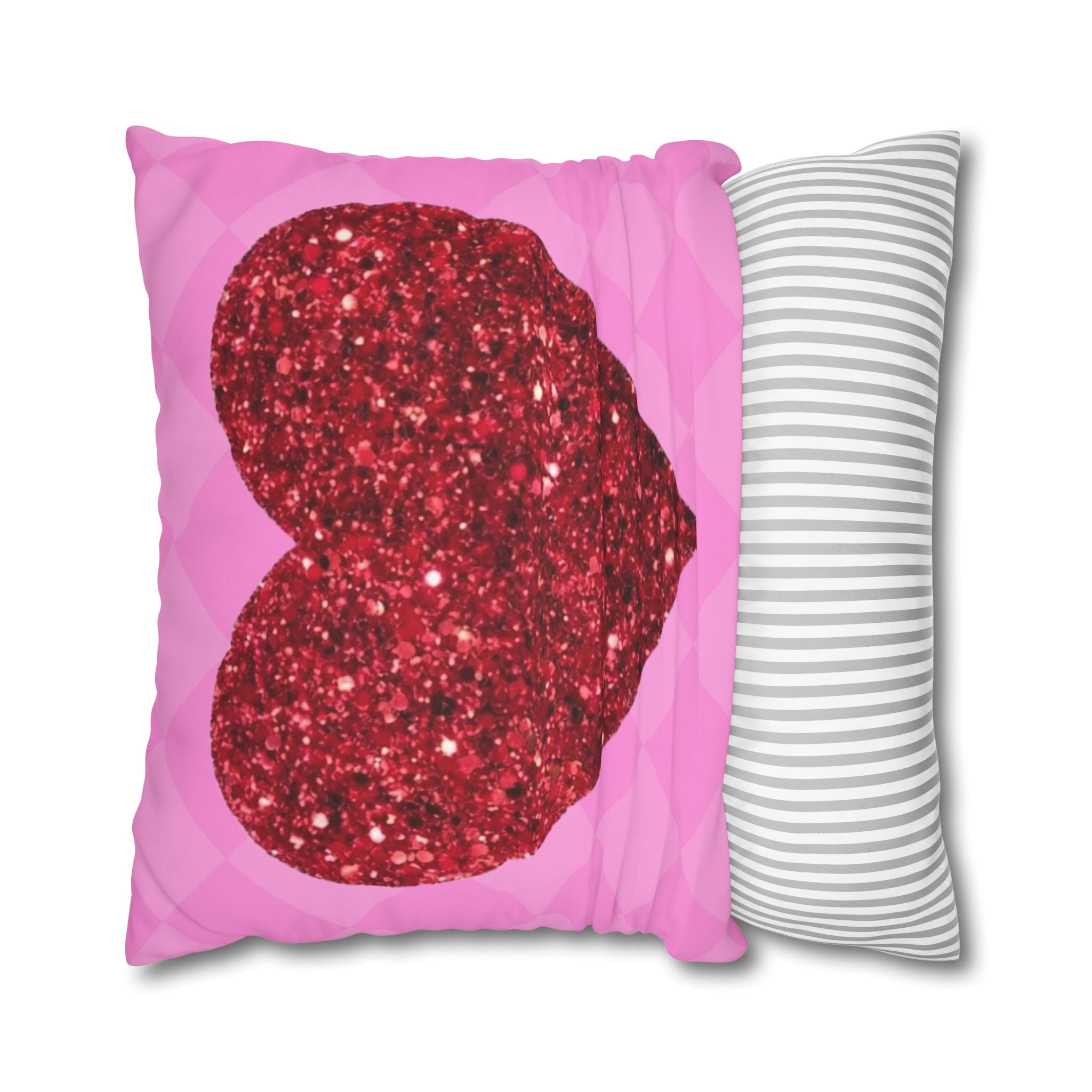 Valentine Glitter Heart Pillowcase — Pink Square Decorative Throw Pillow Cover