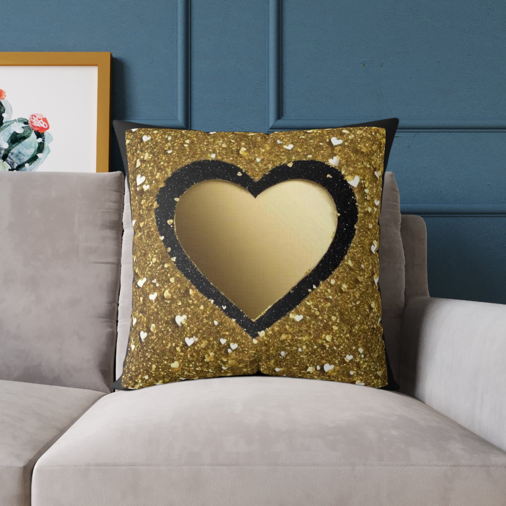 Gold Glitter Heart Pillow — Decorative Square Accent Cushion