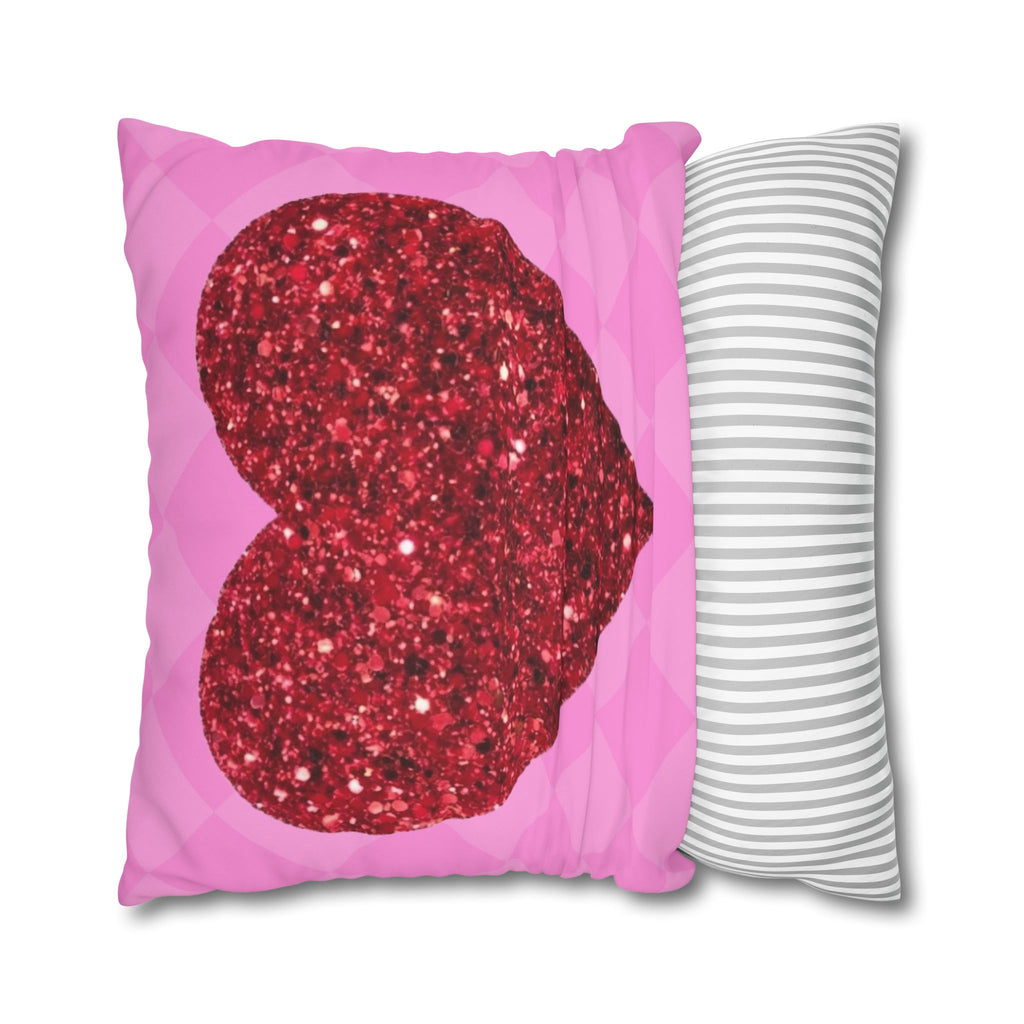 Valentine Glitter Heart Pillowcase — Pink Square Decorative Throw Pillow Cover