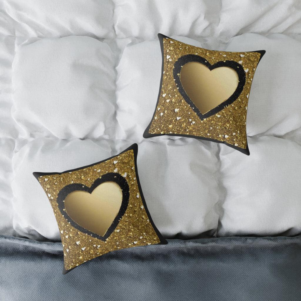 Gold Glitter Heart Pillow — Decorative Square Accent Cushion