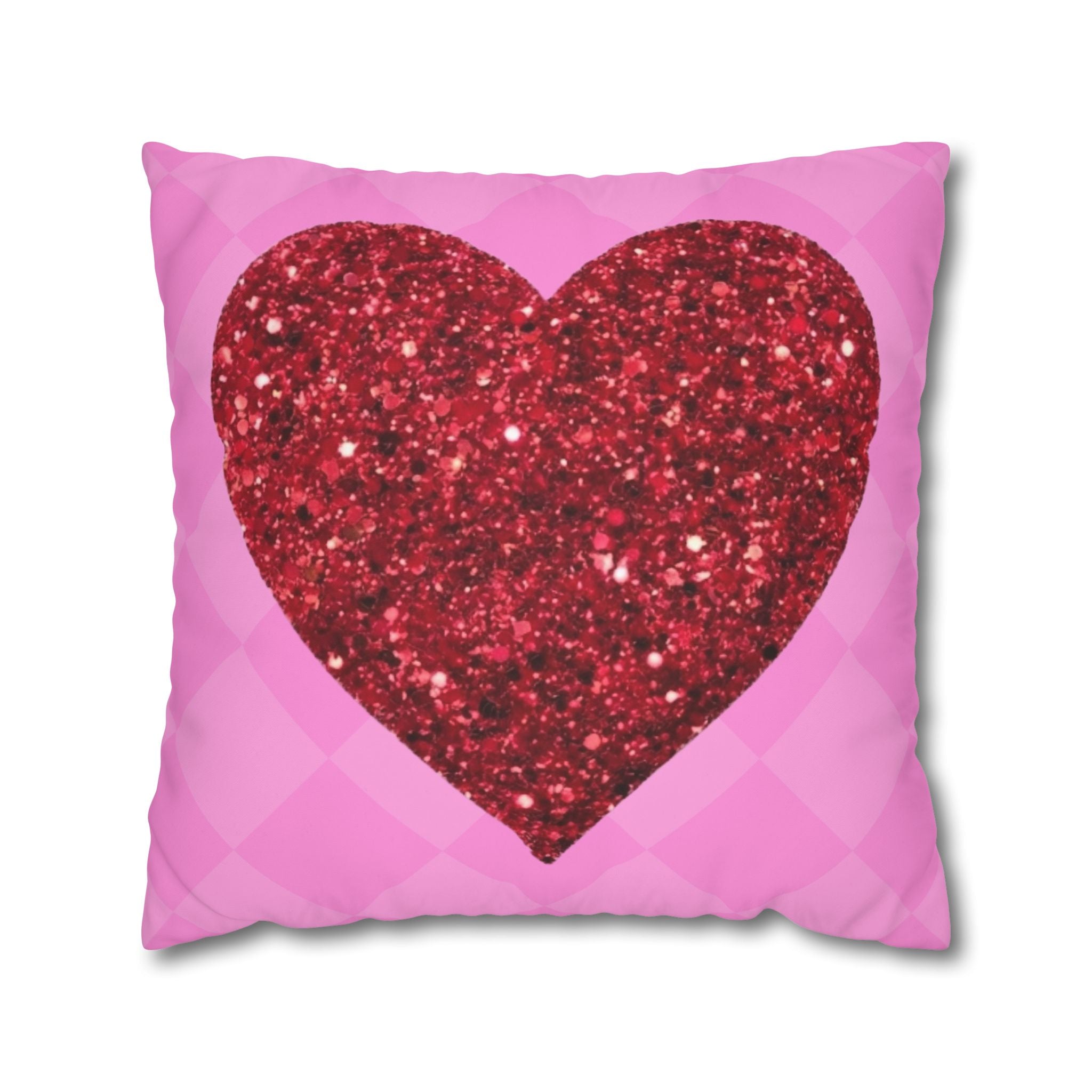 Valentine Glitter Heart Pillowcase — Pink Square Decorative Throw Pillow Cover