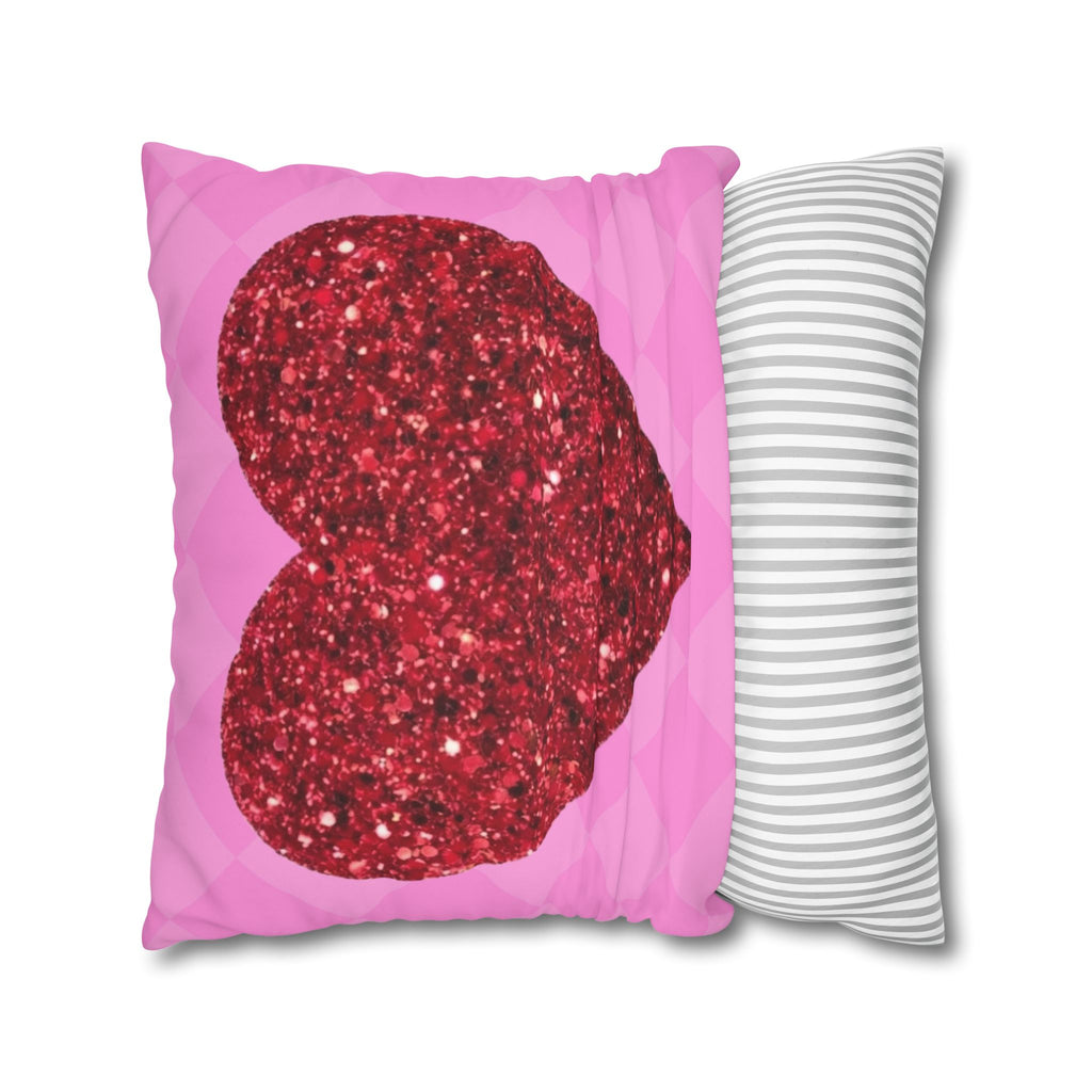 Valentine Glitter Heart Pillowcase — Pink Square Decorative Throw Pillow Cover