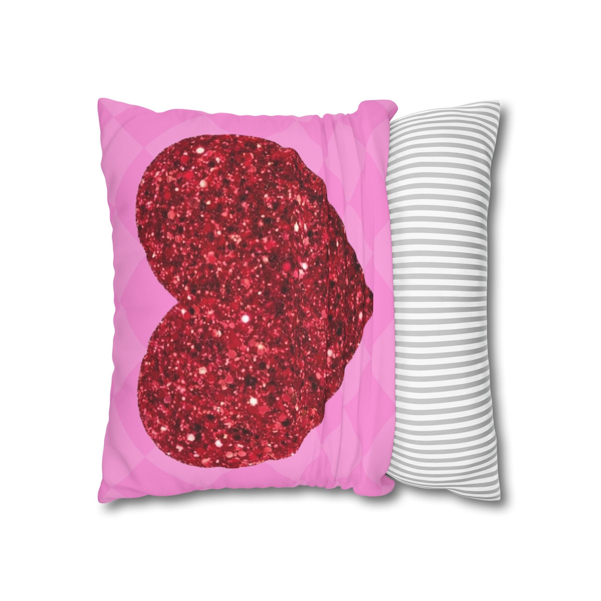 Valentine Glitter Heart Pillowcase — Pink Square Decorative Throw Pillow Cover