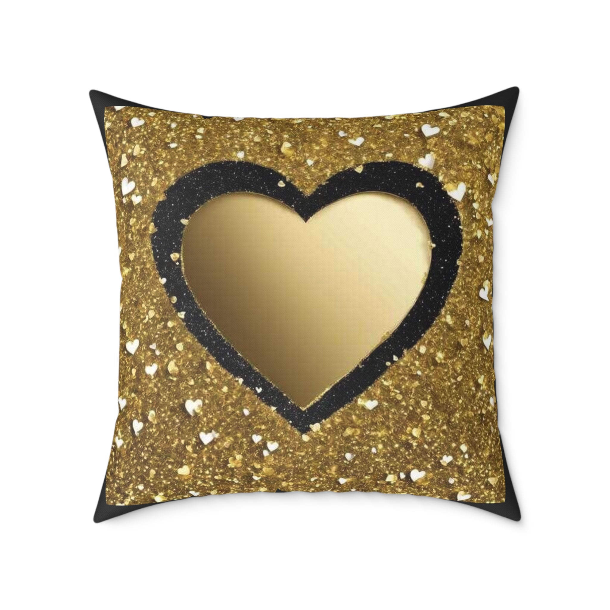 Gold Glitter Heart Pillow — Decorative Square Accent Cushion