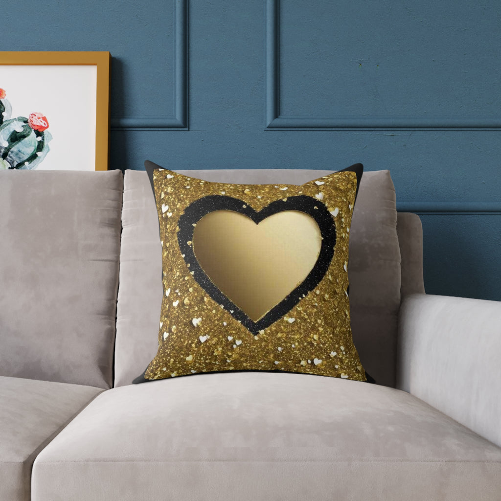 Gold Glitter Heart Pillow — Decorative Square Accent Cushion