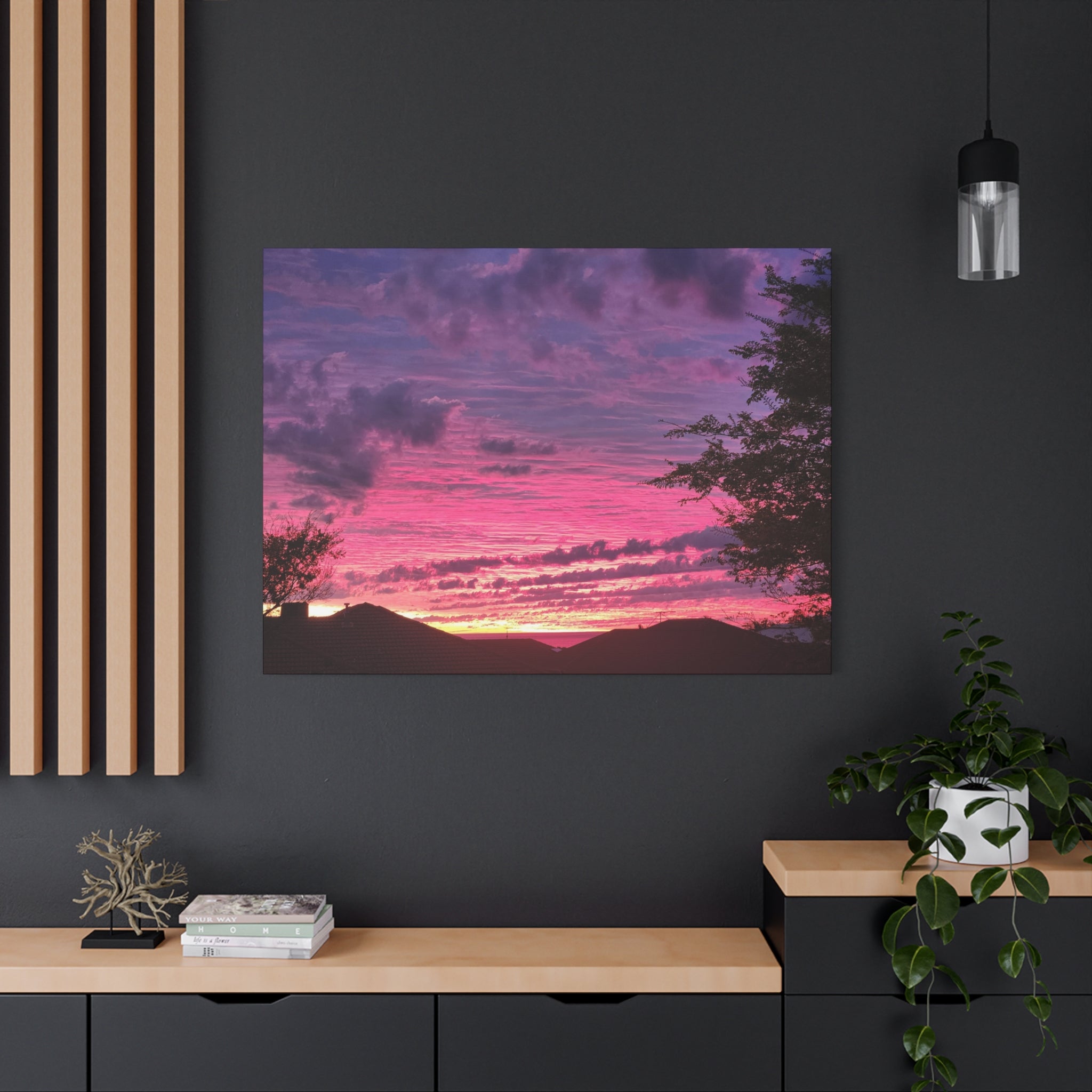 " Beyond the Rooftops" - Sunset Skyline Canvas Print — Pink & Purple Evening Wall Art (Matte Stretched 1.25")