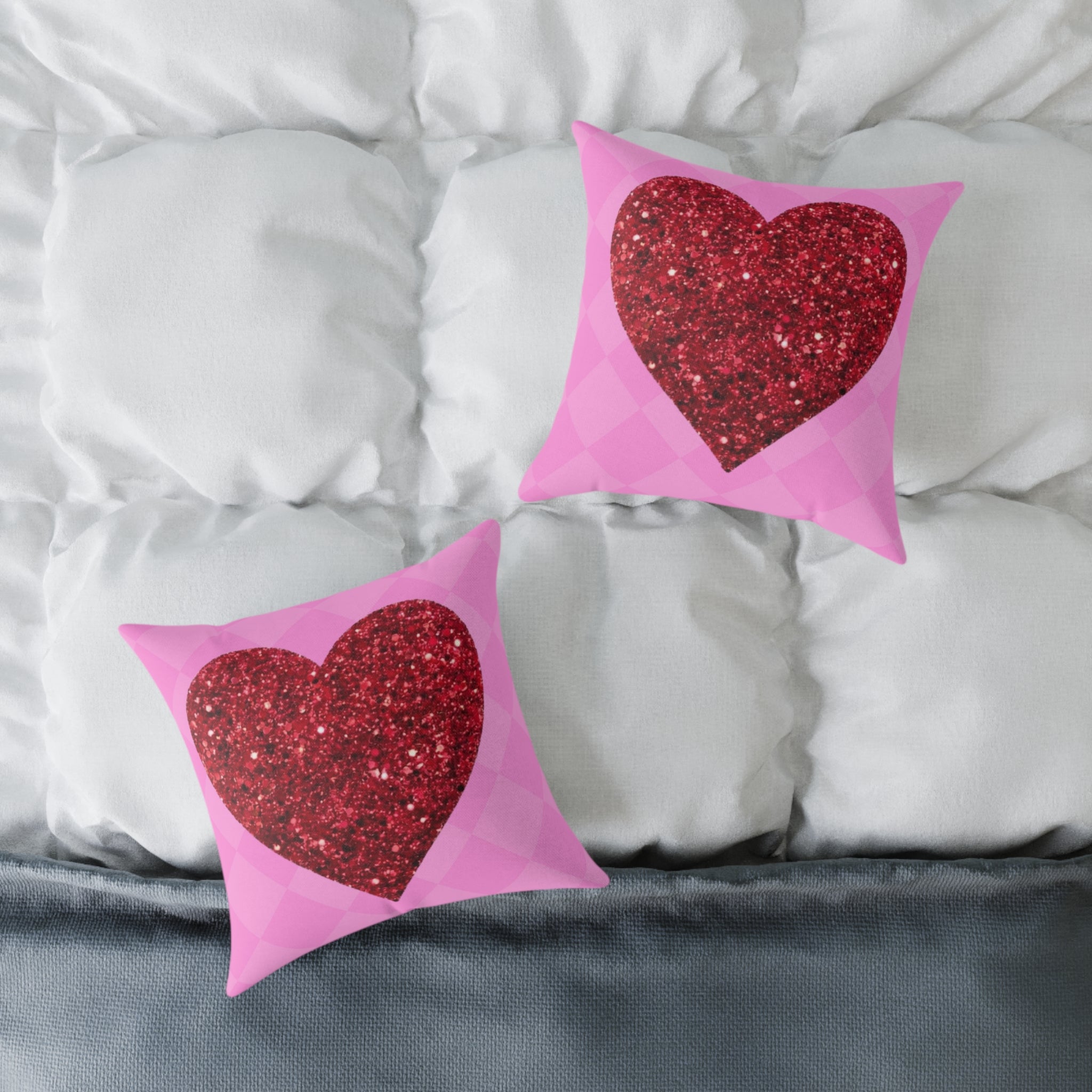Valentine Glitter Heart Pillow - Pink Square Decorative Throw Cushion