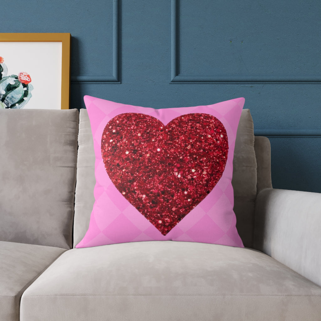 Valentine Glitter Heart Pillow - Pink Square Decorative Throw Cushion
