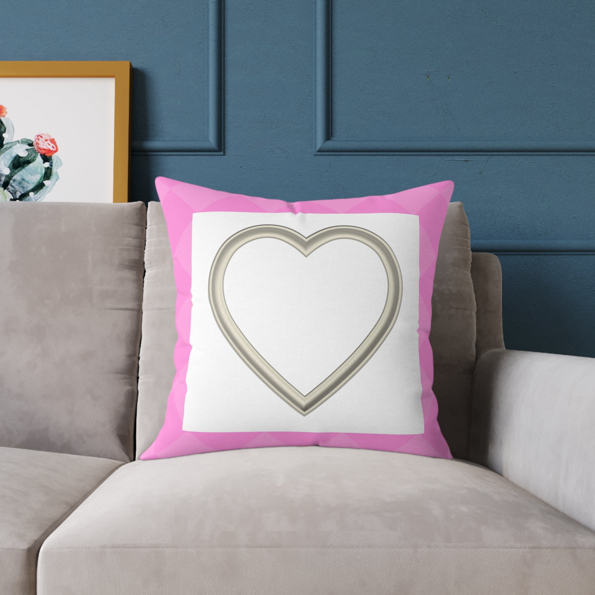Heart Frame Square Pillow — Pink Accent Decorative Throw Pillow