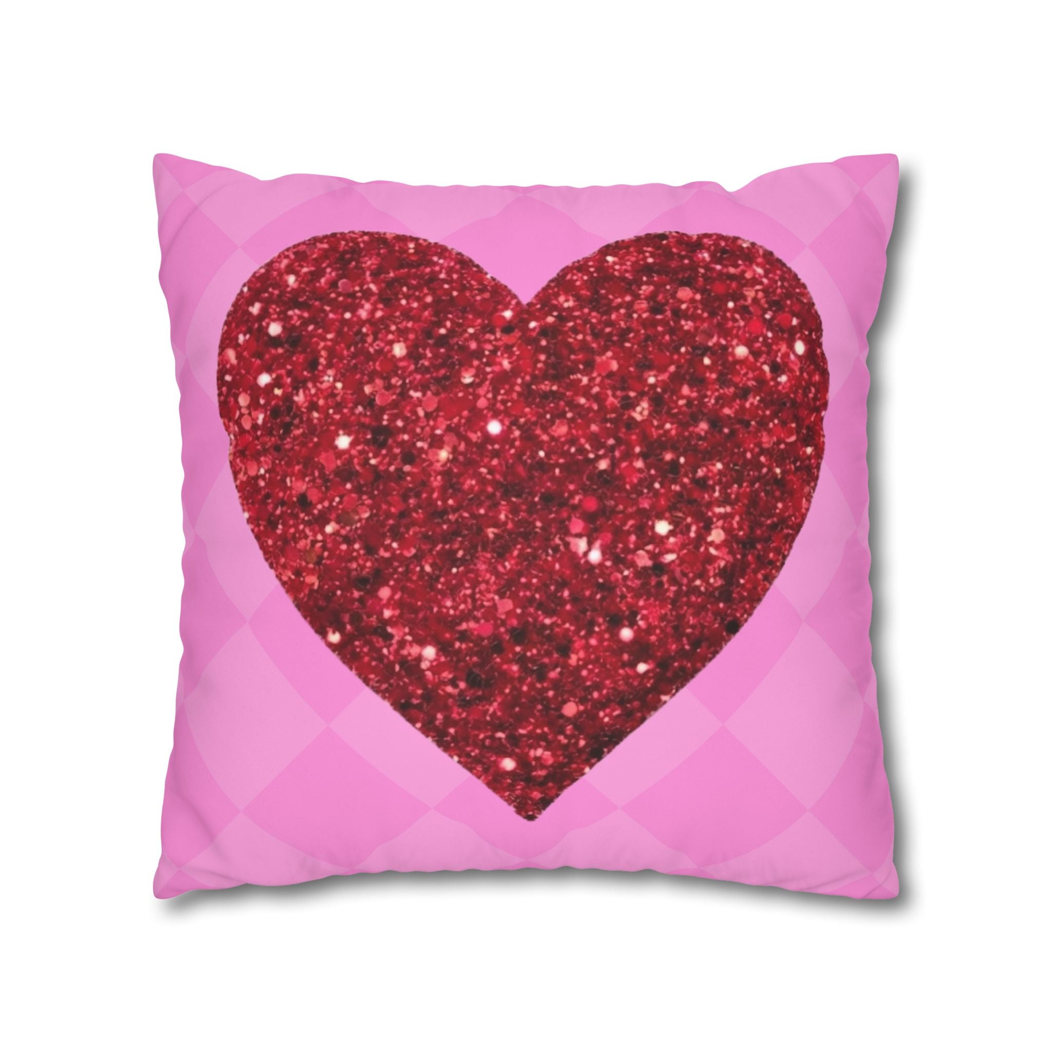 Valentine Glitter Heart Pillowcase — Pink Square Decorative Throw Pillow Cover