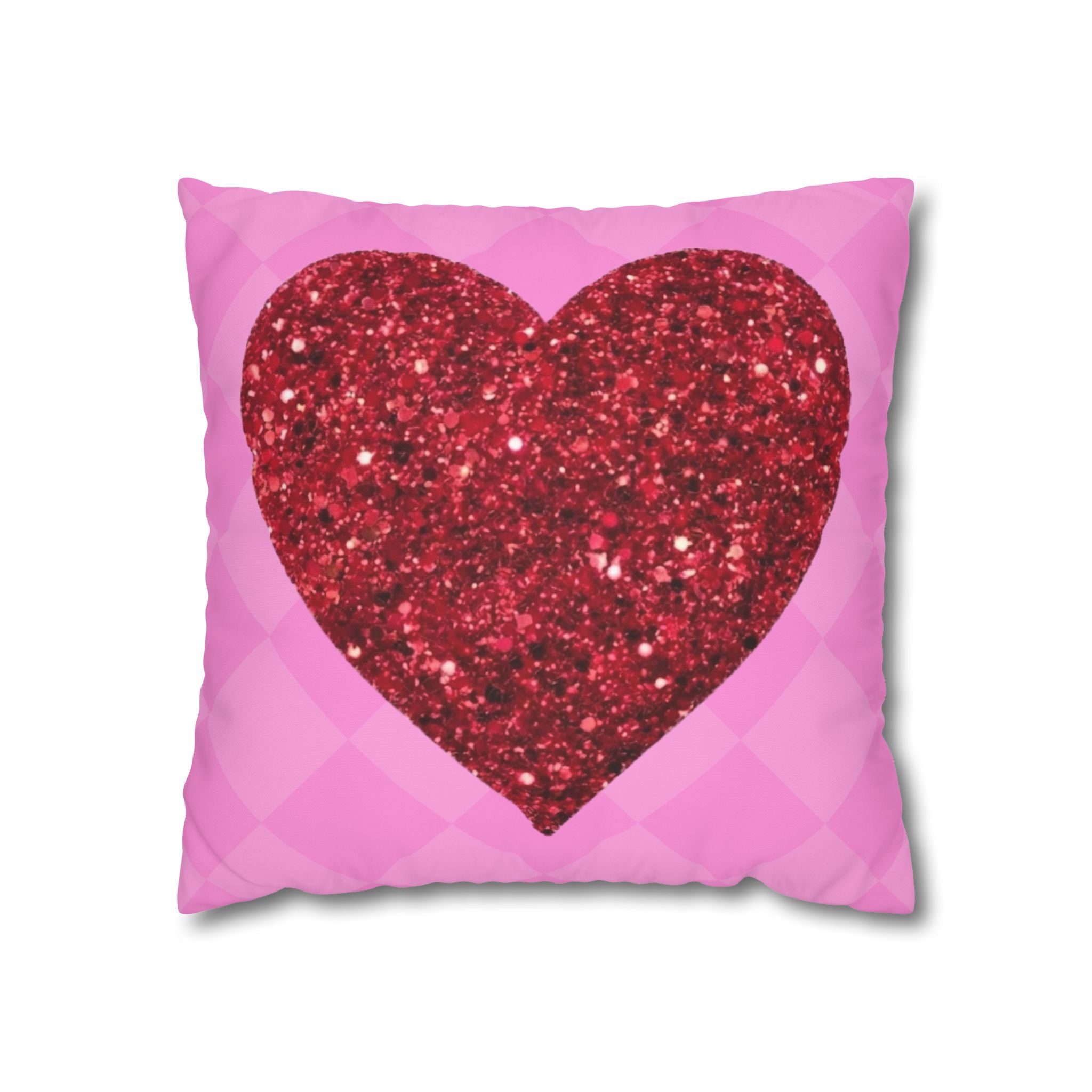 Valentine Glitter Heart Pillowcase — Pink Square Decorative Throw Pillow Cover