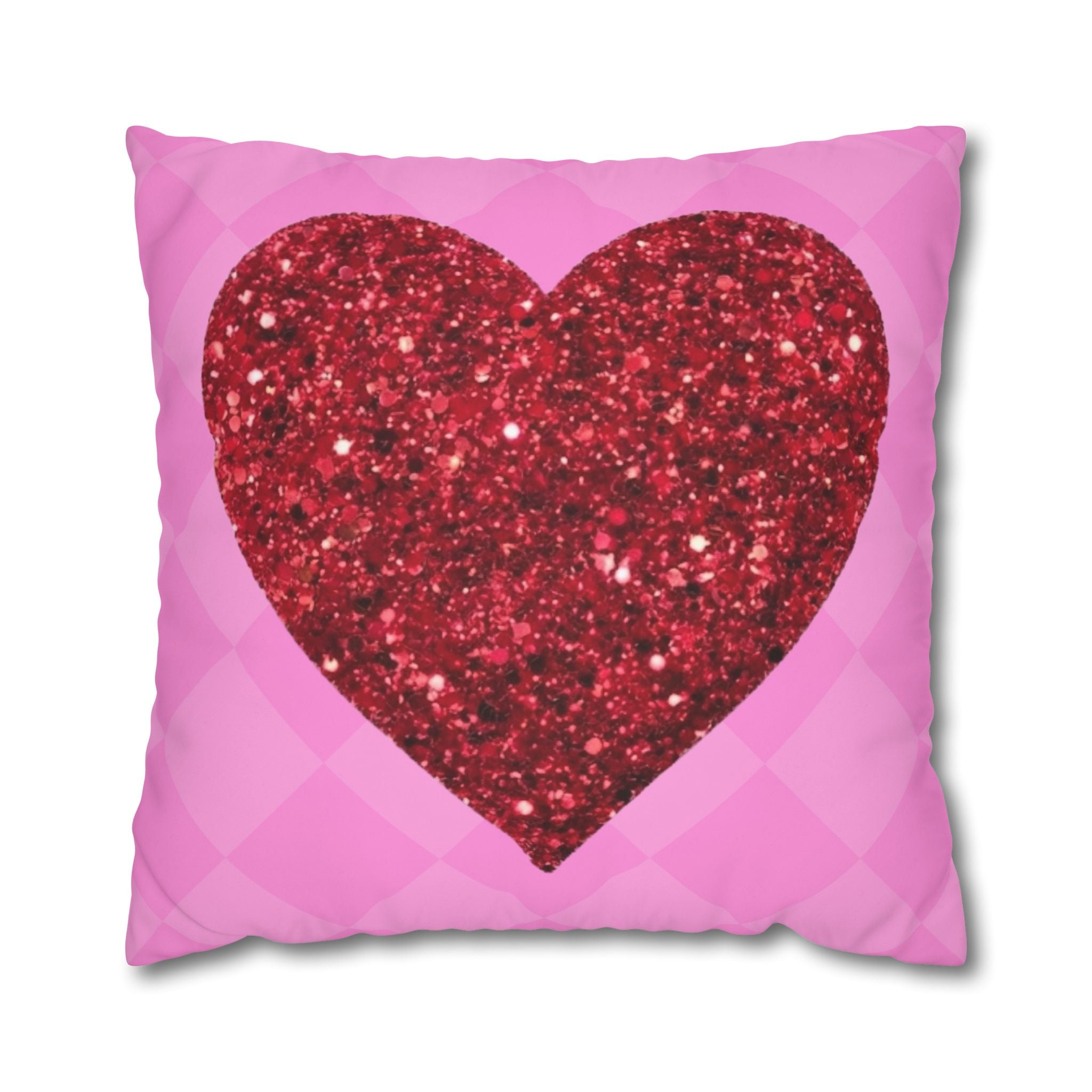 Valentine Glitter Heart Pillowcase — Pink Square Decorative Throw Pillow Cover