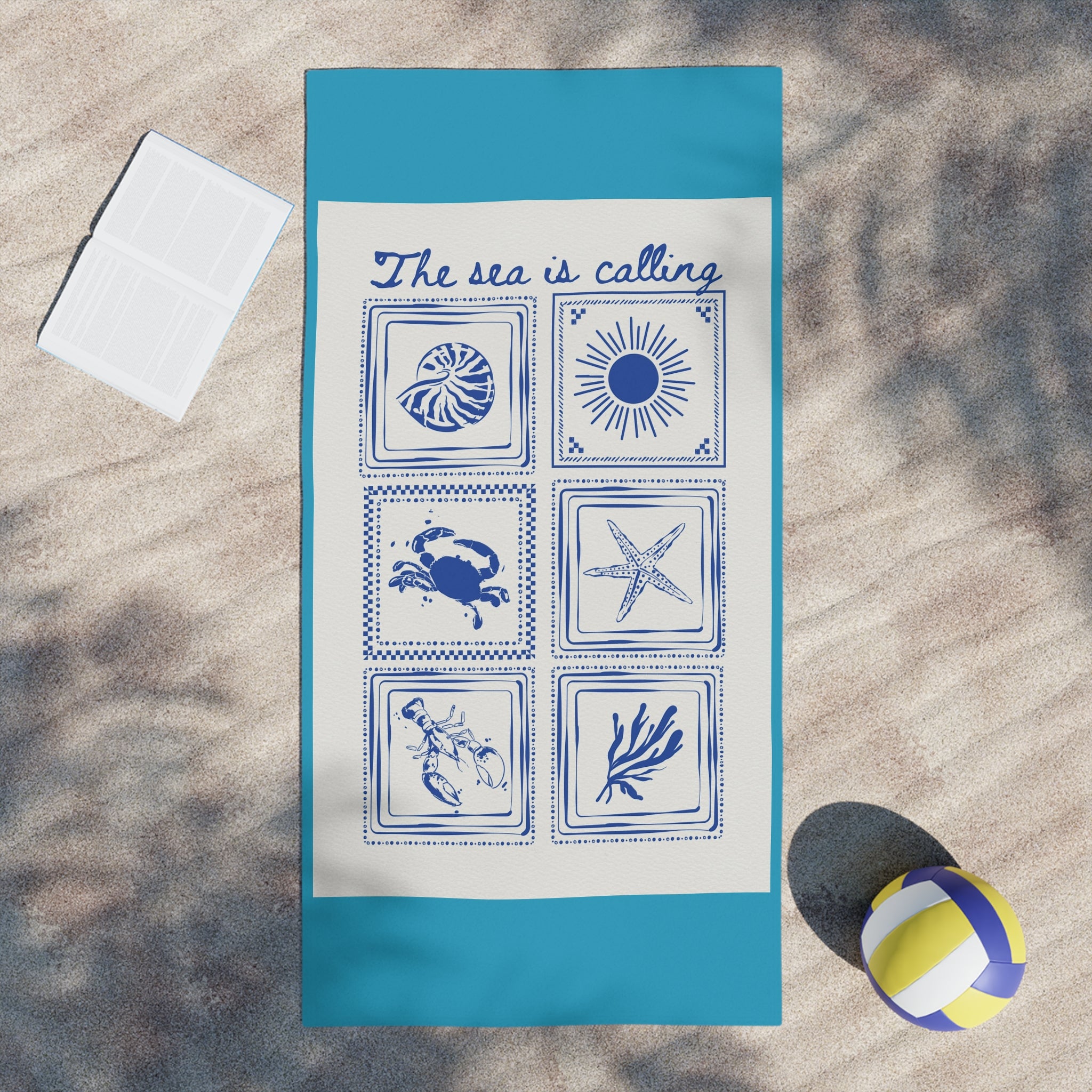 The Sea Is Calling Beach Towel – Nautical Shells & Starfish Beach Towel
