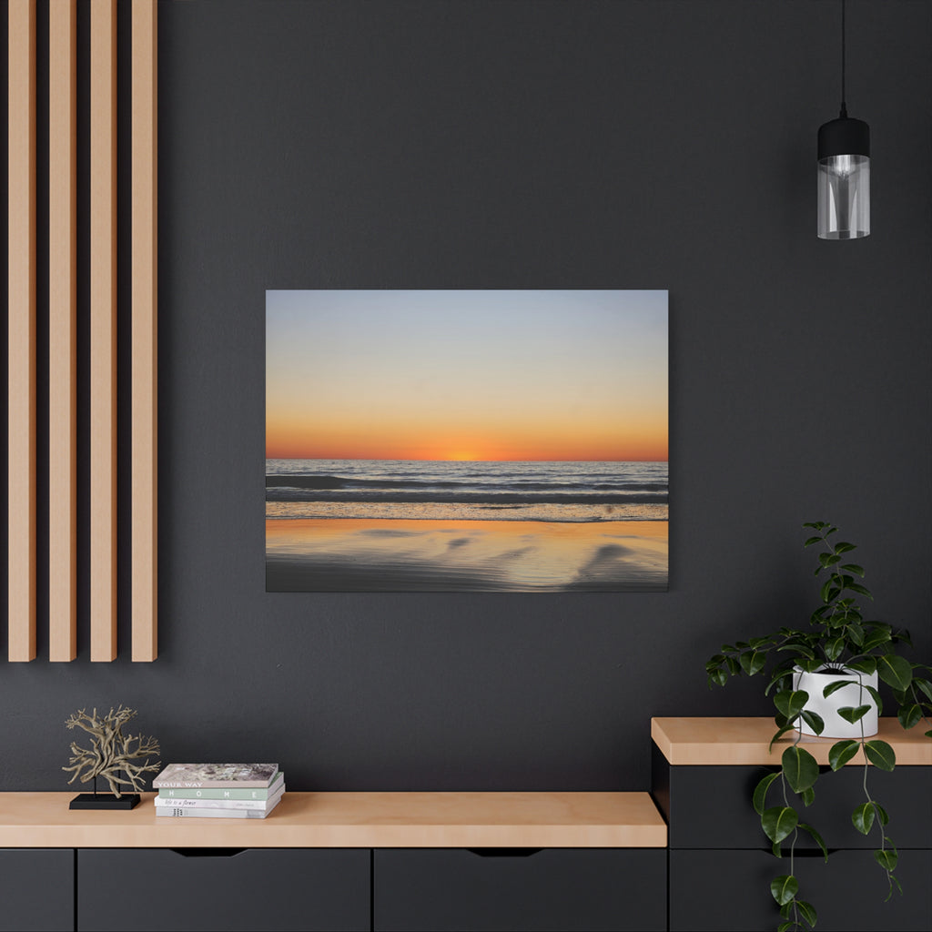 Relfective Ocean Sunset Beach Canvas Wall Art – Tranquil Ocean Sunset Landscape Print