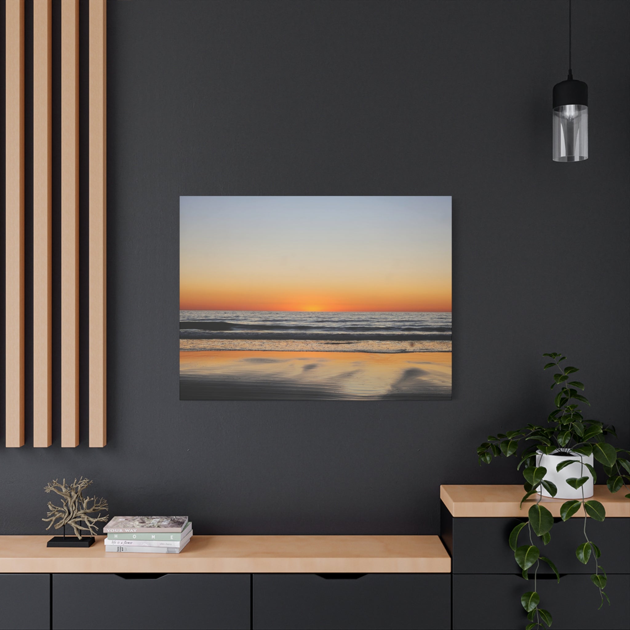 Relfective Ocean Sunset Beach Canvas Wall Art – Tranquil Ocean Sunset Landscape Print