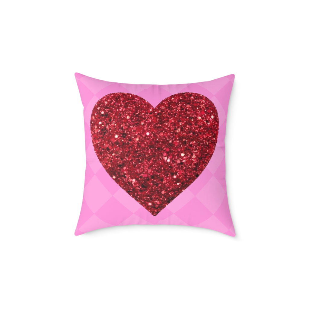 Valentine Glitter Heart Pillow - Pink Square Decorative Throw Cushion