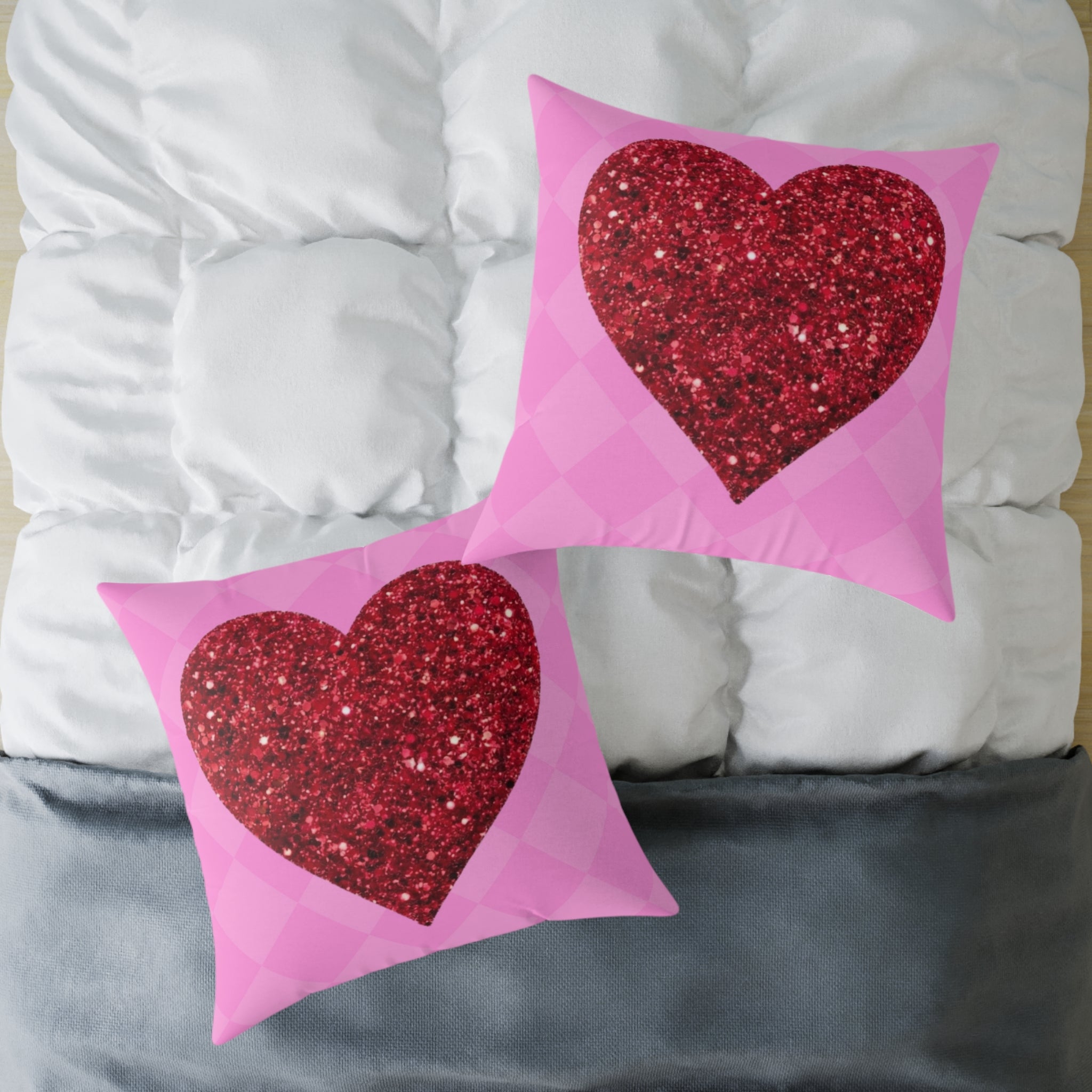 Valentine Glitter Heart Pillow - Pink Square Decorative Throw Cushion