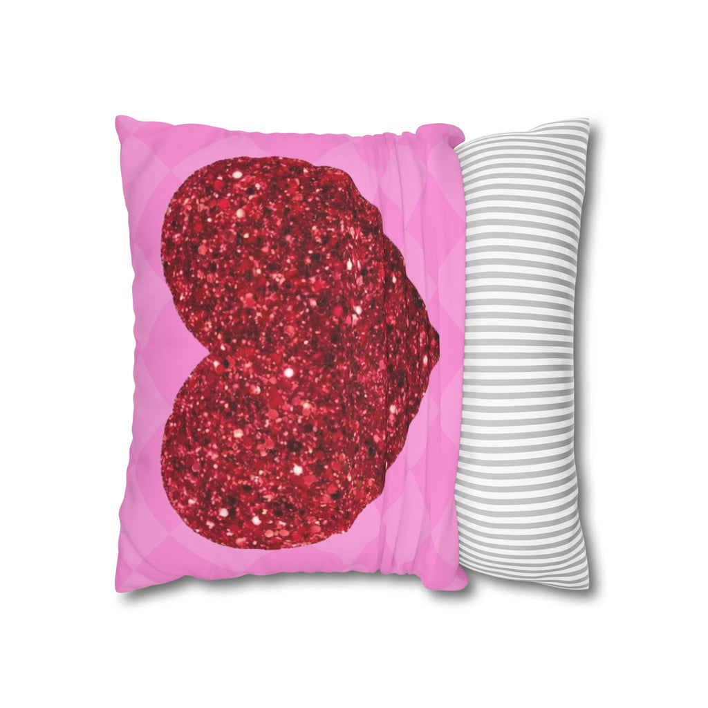 Valentine Glitter Heart Pillowcase — Pink Square Decorative Throw Pillow Cover
