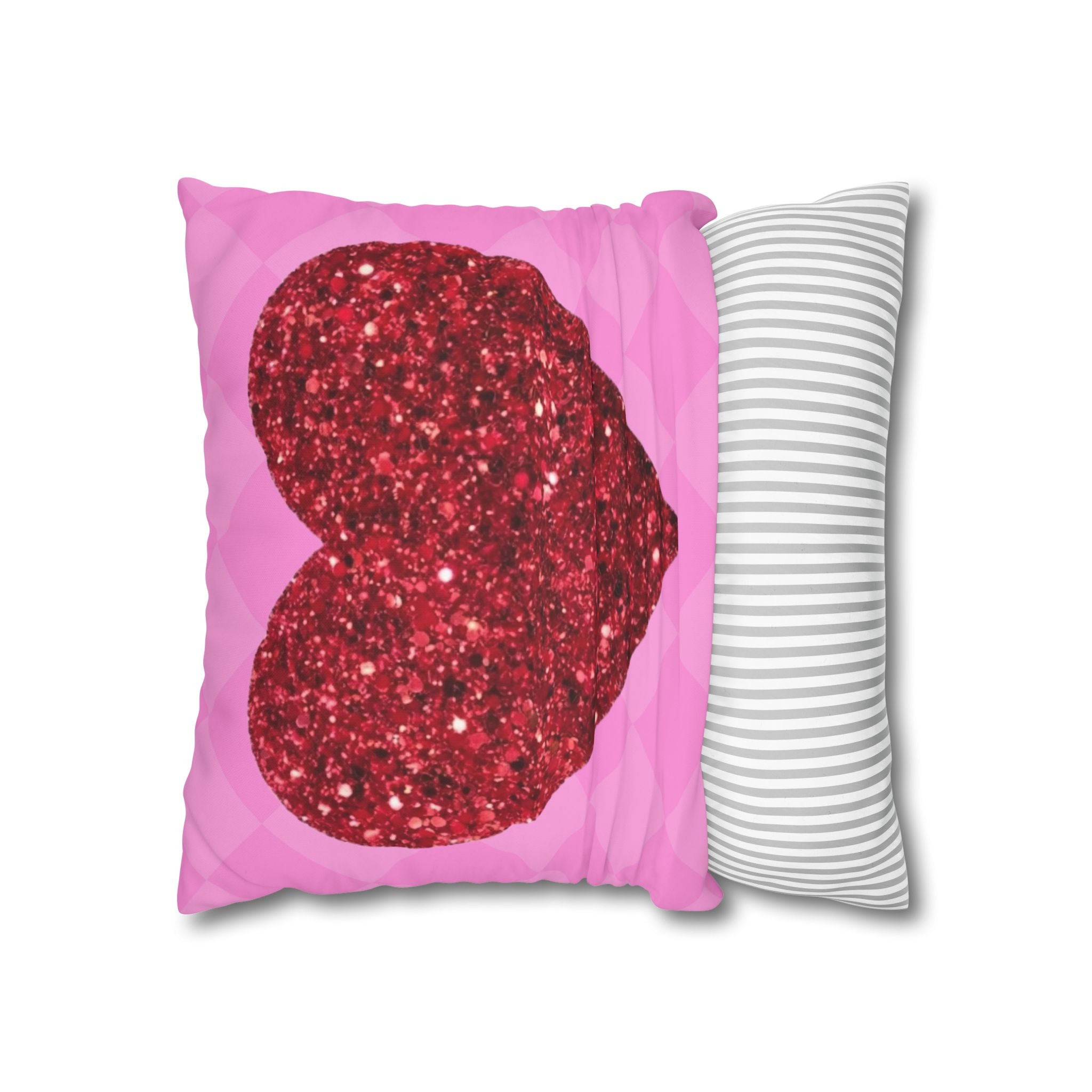 Valentine Glitter Heart Pillowcase — Pink Square Decorative Throw Pillow Cover