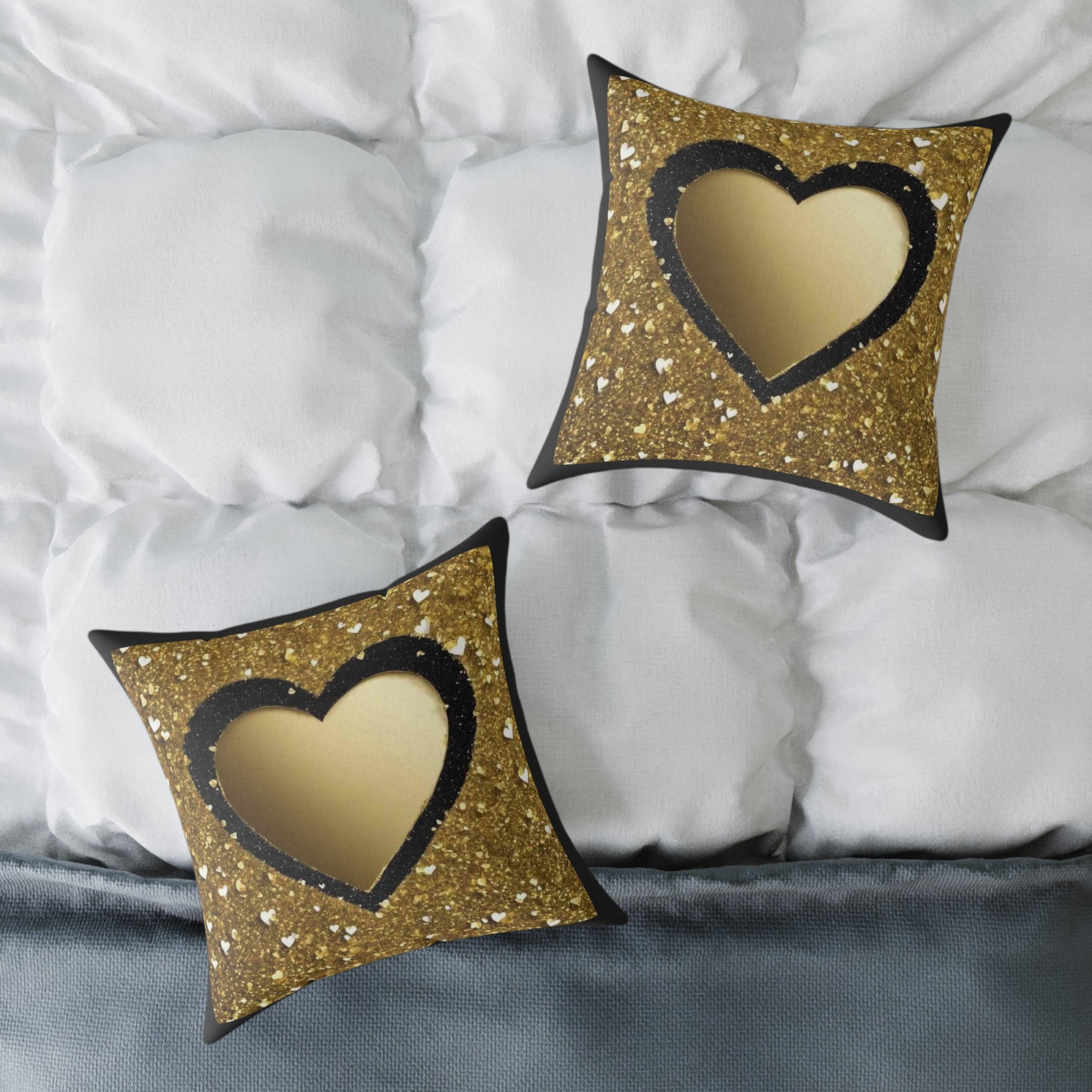 Gold Glitter Heart Pillow — Decorative Square Accent Cushion