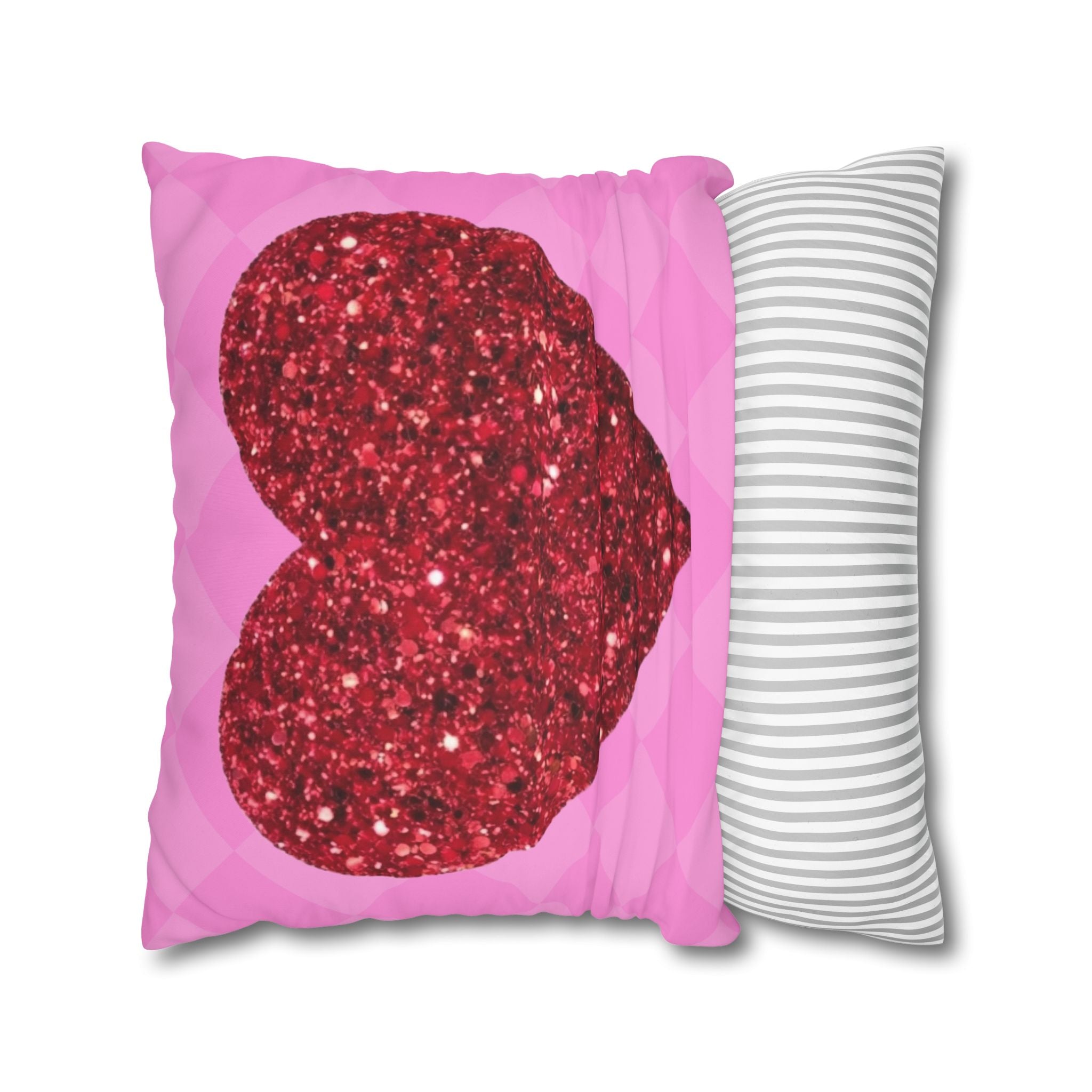 Valentine Glitter Heart Pillowcase — Pink Square Decorative Throw Pillow Cover