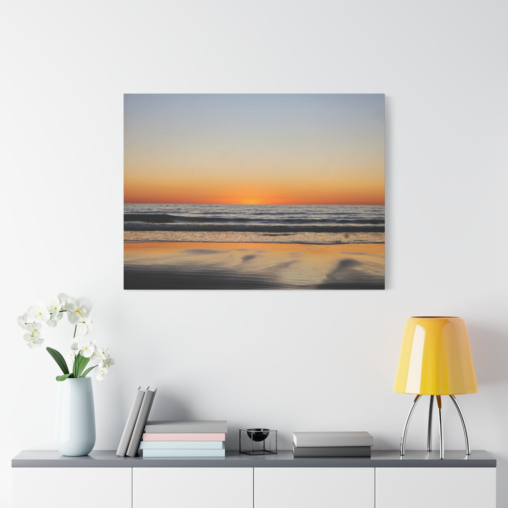Relfective Ocean Sunset Beach Canvas Wall Art – Tranquil Ocean Sunset Landscape Print