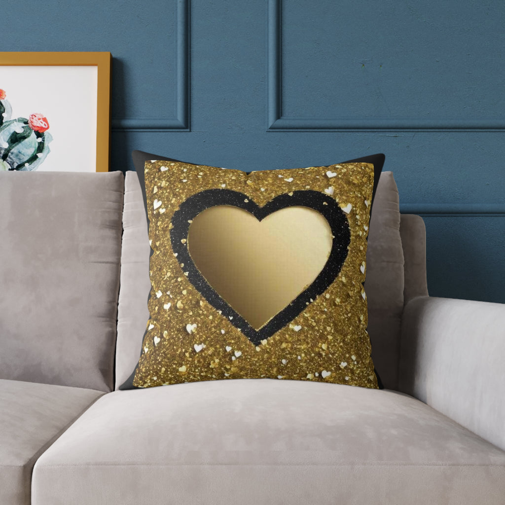 Gold Glitter Heart Pillow — Decorative Square Accent Cushion