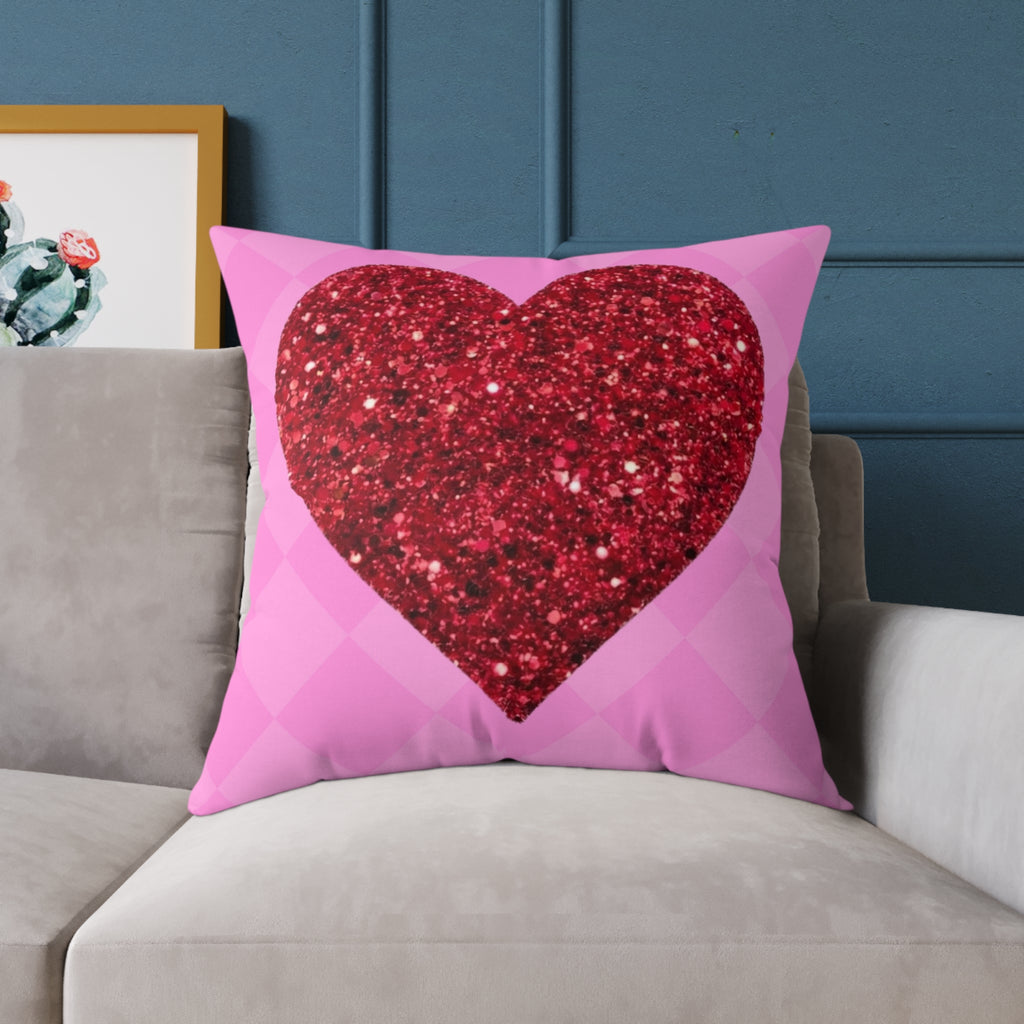Valentine Glitter Heart Pillow - Pink Square Decorative Throw Cushion