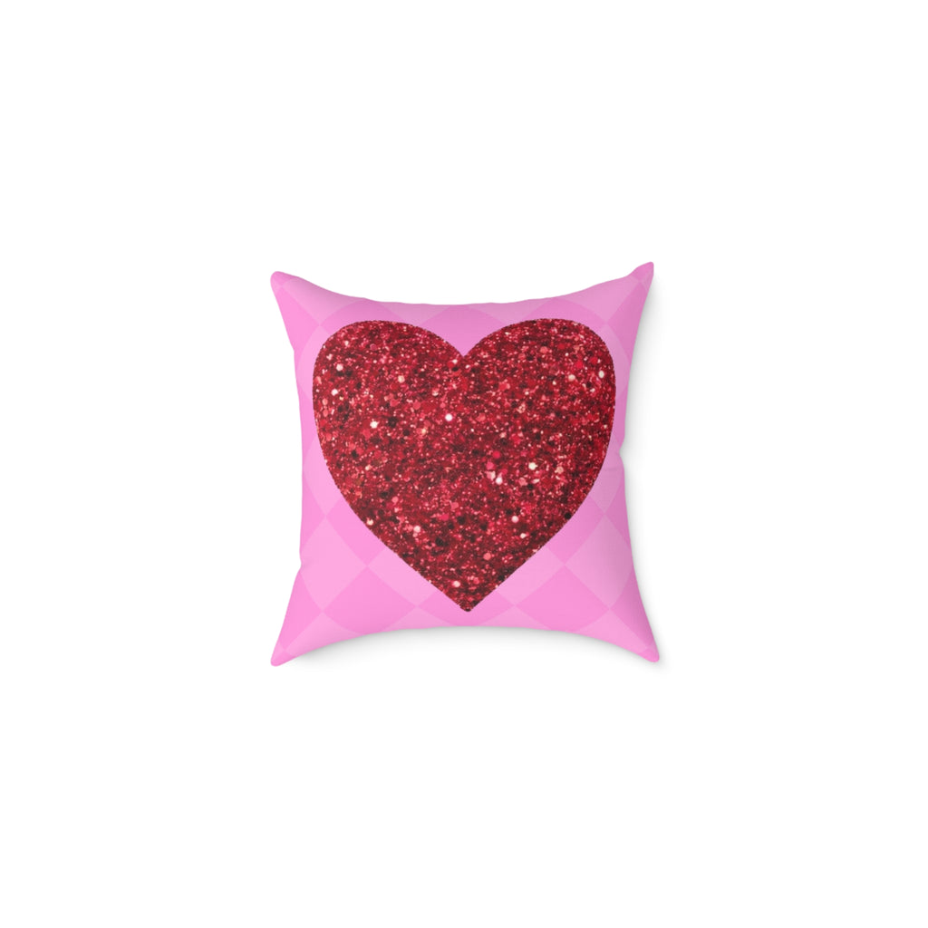 Valentine Glitter Heart Pillow - Pink Square Decorative Throw Cushion