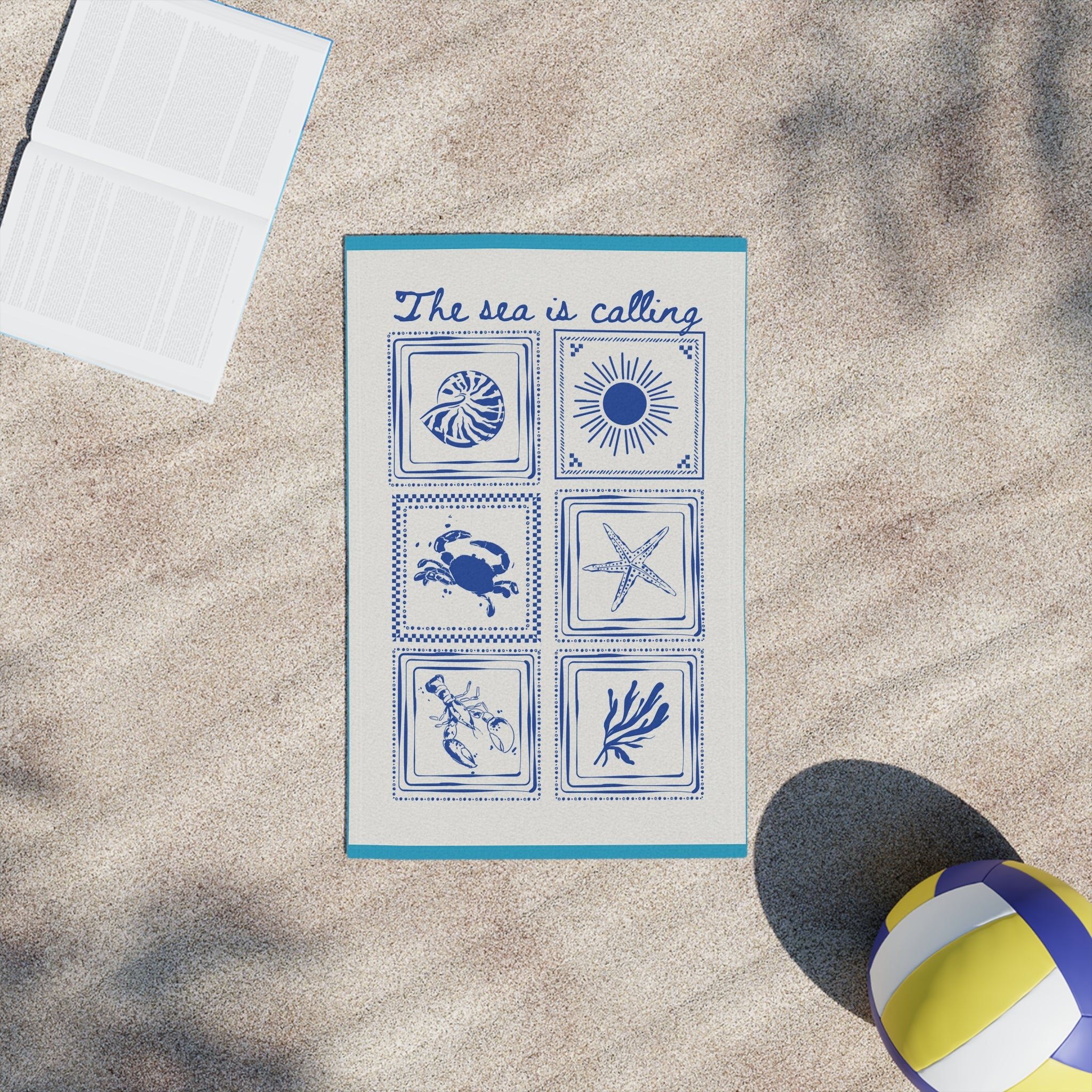 The Sea Is Calling Beach Towel – Nautical Shells & Starfish Beach Towel