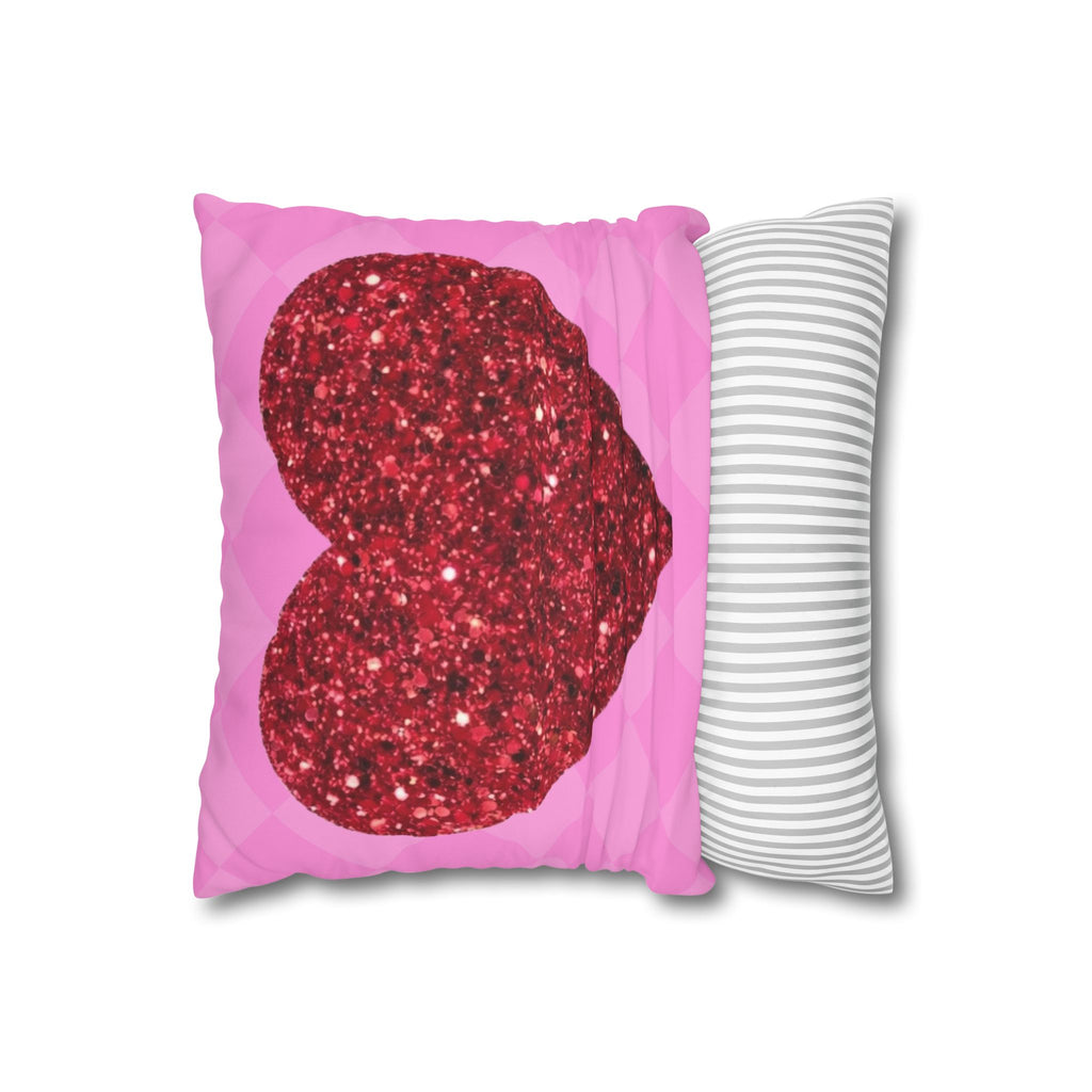 Valentine Glitter Heart Pillowcase — Pink Square Decorative Throw Pillow Cover