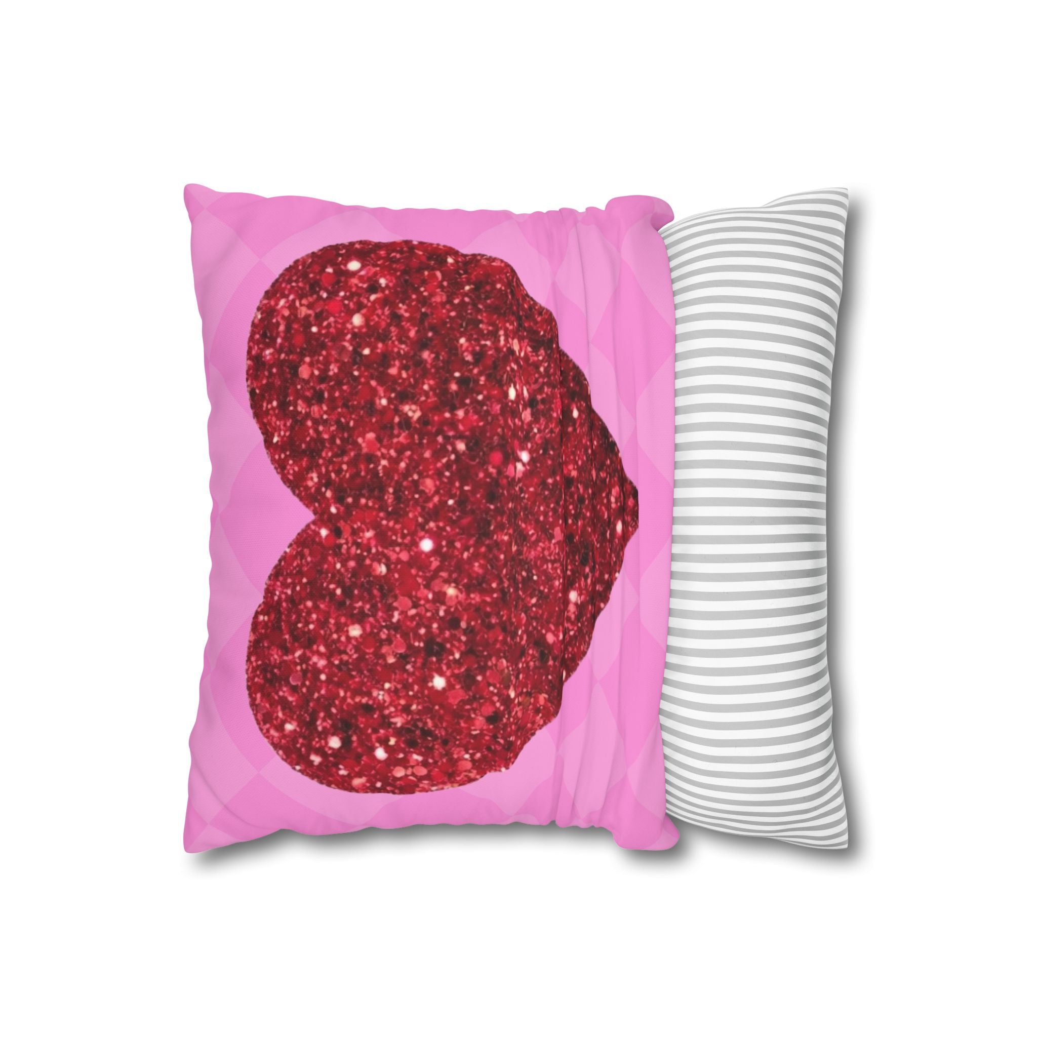 Valentine Glitter Heart Pillowcase — Pink Square Decorative Throw Pillow Cover