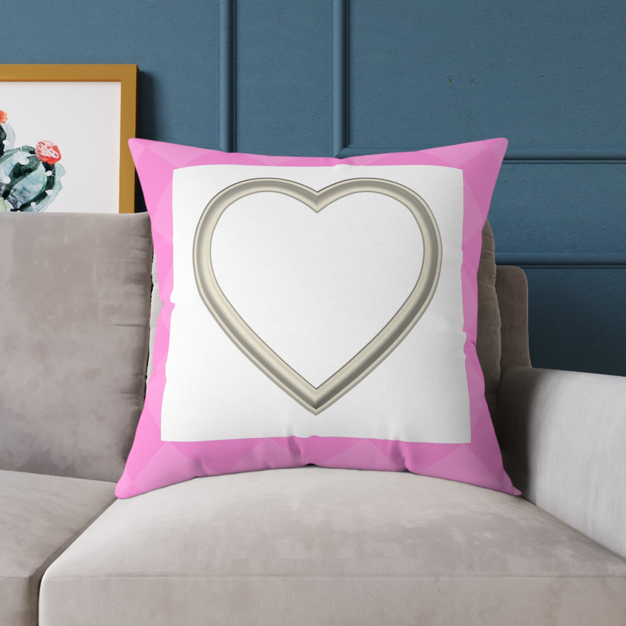 Heart Frame Square Pillow — Pink Accent Decorative Throw Pillow