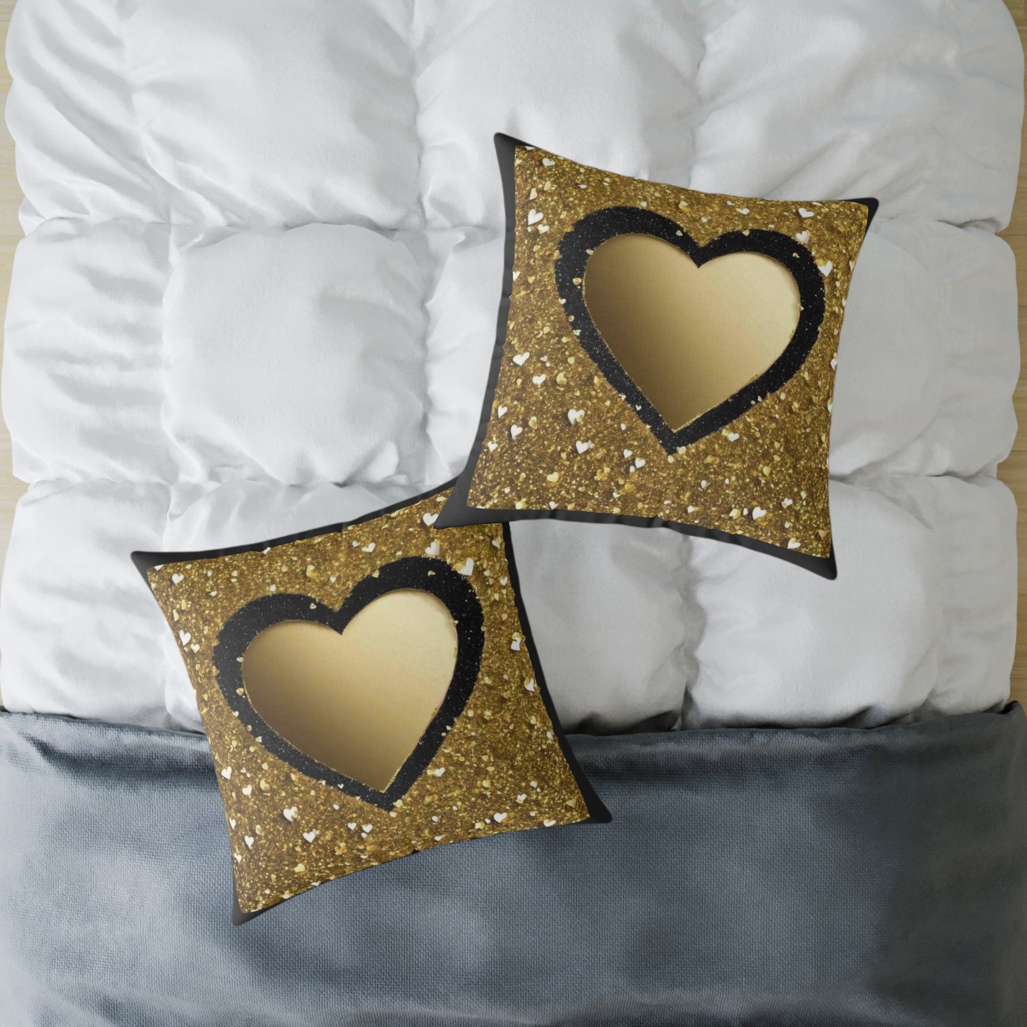 Gold Glitter Heart Pillow — Decorative Square Accent Cushion