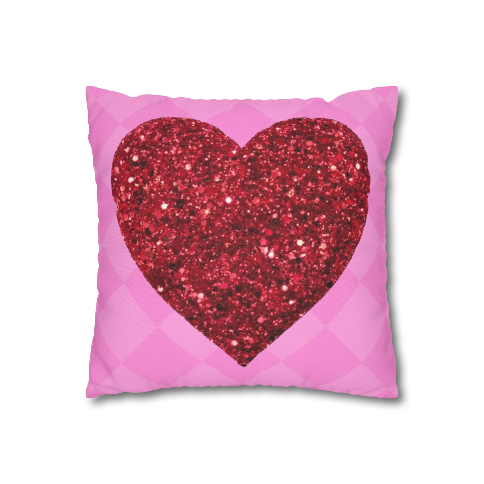 Valentine Glitter Heart Pillowcase — Pink Square Decorative Throw Pillow Cover